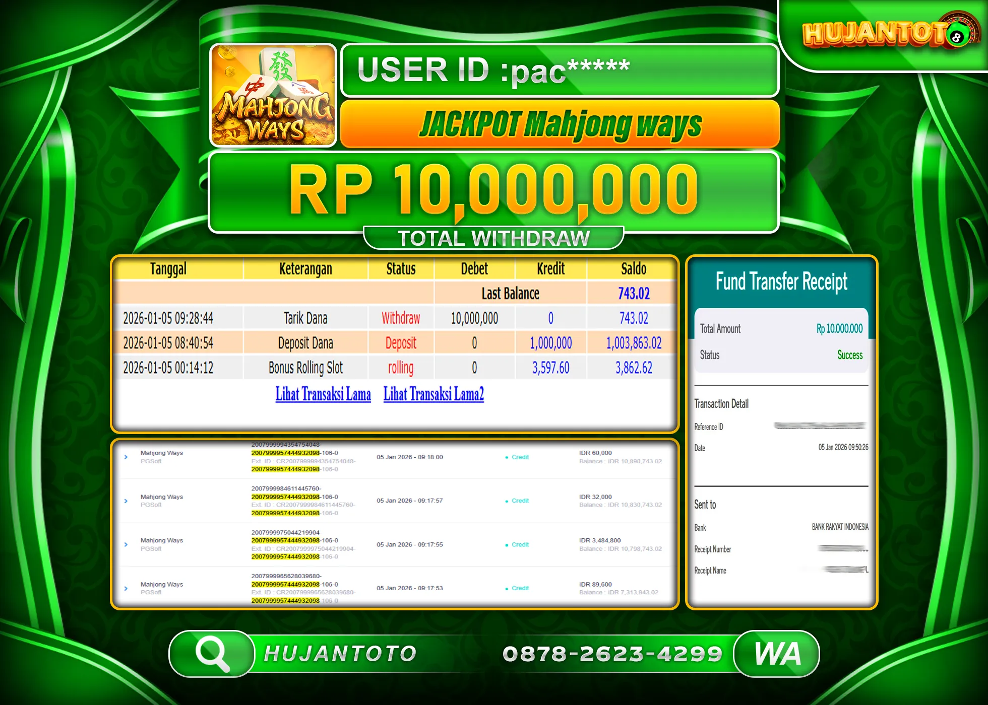 HUJANTOTO - BUKTI JACKPOT MENANG SLOT MAHJONG WAYS Rp.10,000,000 - TERBAYAR LUNAS