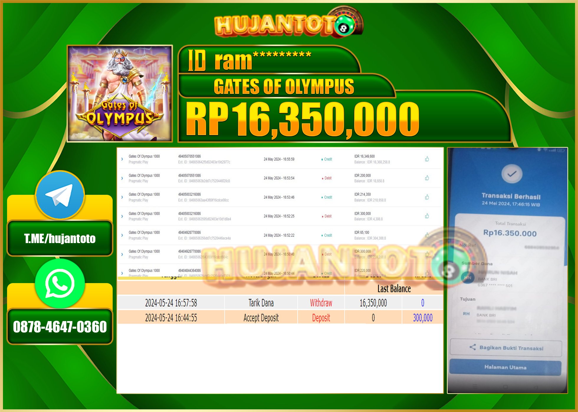 HUJANTOTO MENANG GATES OF OLYMPUS PRAGMATIC 16,350,000 - LUNAS 