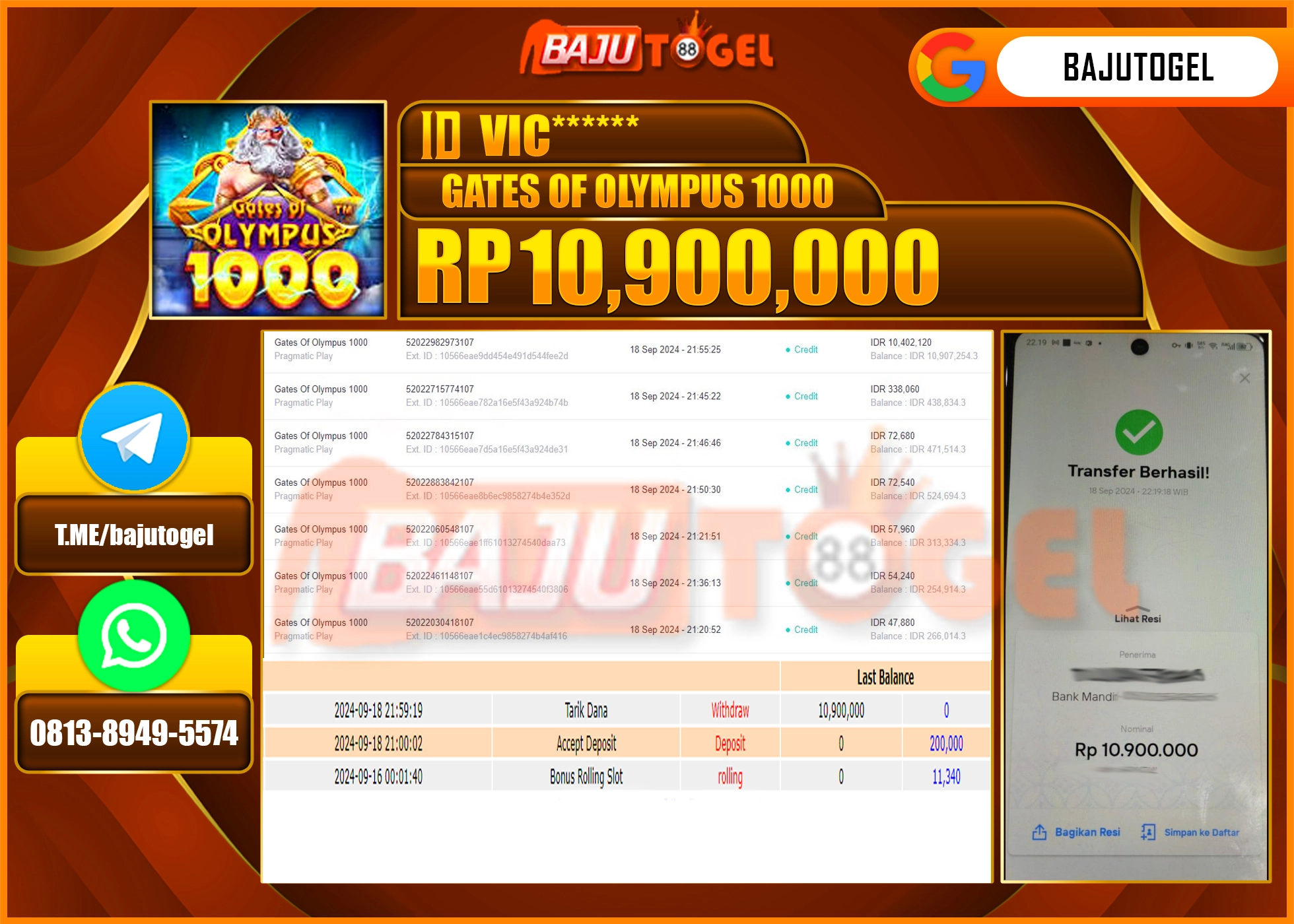 BAJUTOGEL JACKPOT SLOT GATES OF OLYMPUS 1000 Rp.10.900.000 LUNAS