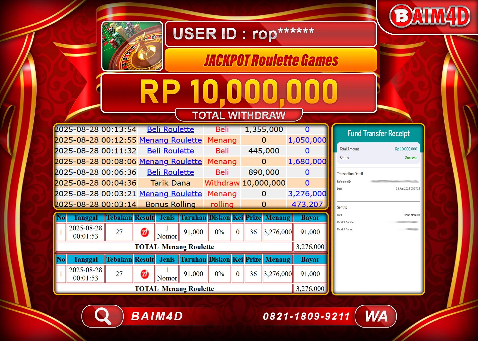 BAIM4D JACKTPOT LIVE GAMES ROULETTE GAMES Rp.10,000,000.- LUNAS