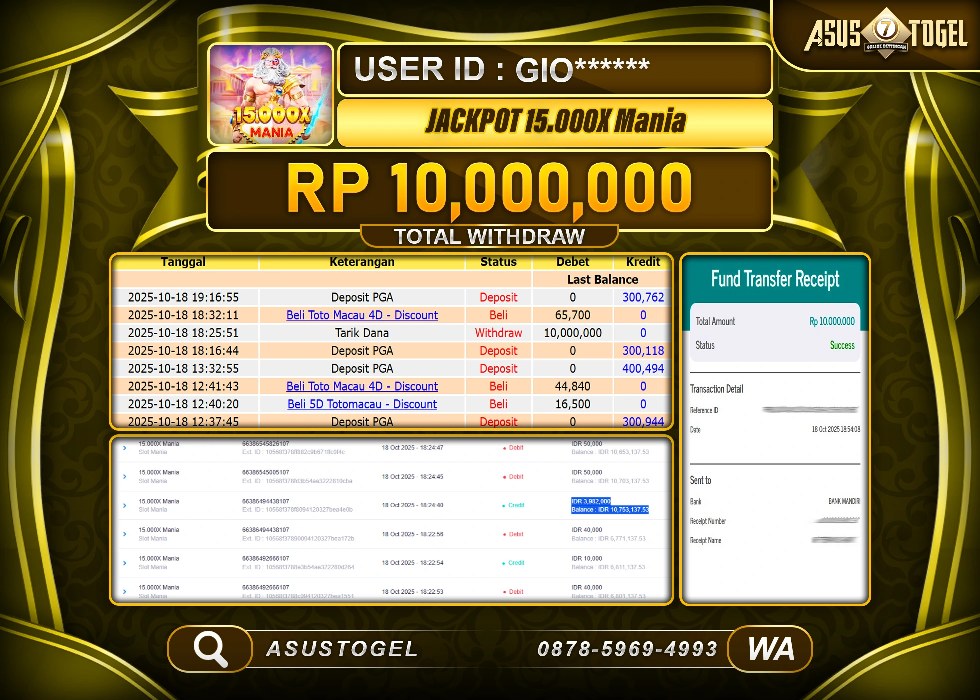 ASUSTOGEL KEMENANGAN DI 15.000X MANIA SLOT MANIA SEBESAR 10,000,000- RUPIAH LUNAS