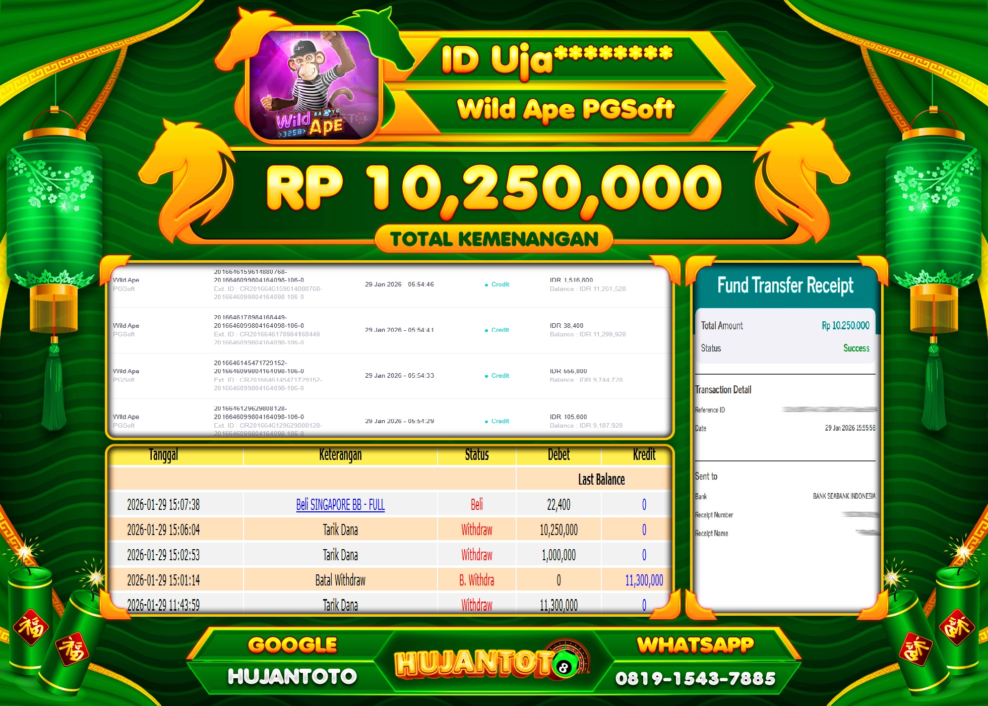 HUJANTOTO - BUKTI JACKPOT MENANG SLOT WILD APE PG SOFT Rp.10,250,000 - TERBAYAR LUNAS