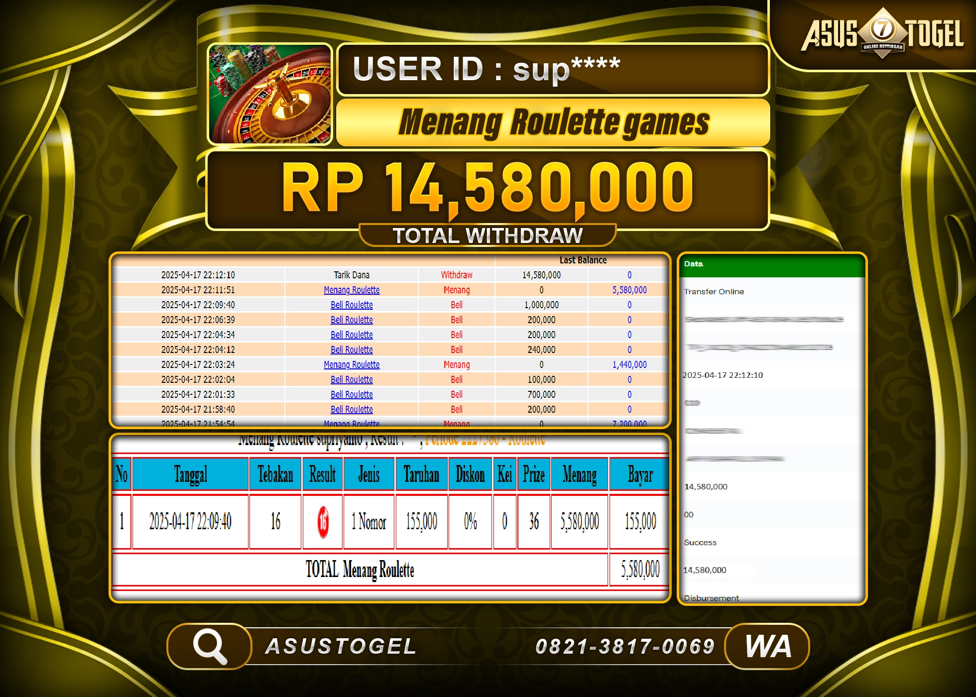 ASUSTOGEL KEMENANGAN DI LIVE ROULETTE GAMES SEBESAR 14,580,000- RUPIAH LUNAS