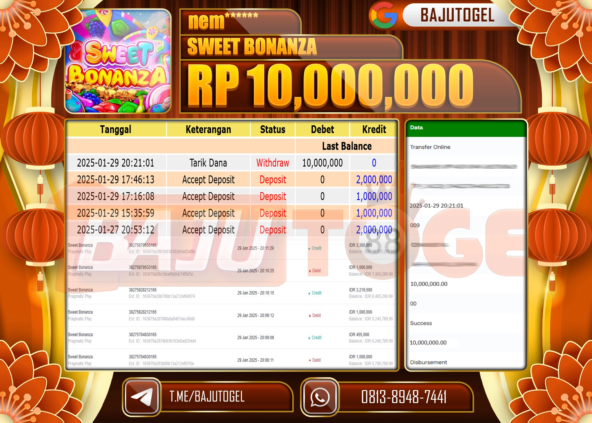 BAJUTOGEL KEMENANGAN SWEET BONANZA Rp.10.000.000 LUNAS