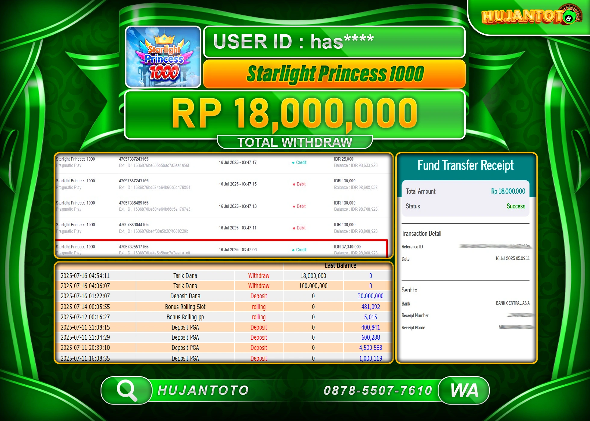 HUJANTOTO - BUKTI JACKPOT MENANG SLOT STARLIGHT PRINCESS 1000 Rp.18,000,000 - TERBAYAR LUNAS