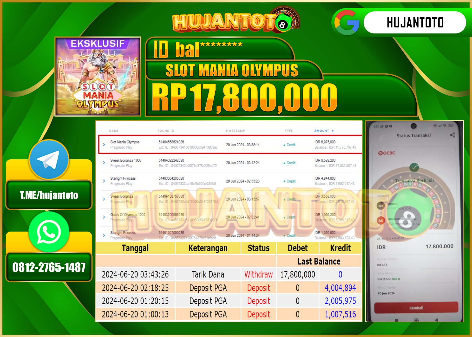 HUJANTOTO MENANG DI SLOT MANIA OLYMPUS 17,800,000 - LUNAS 