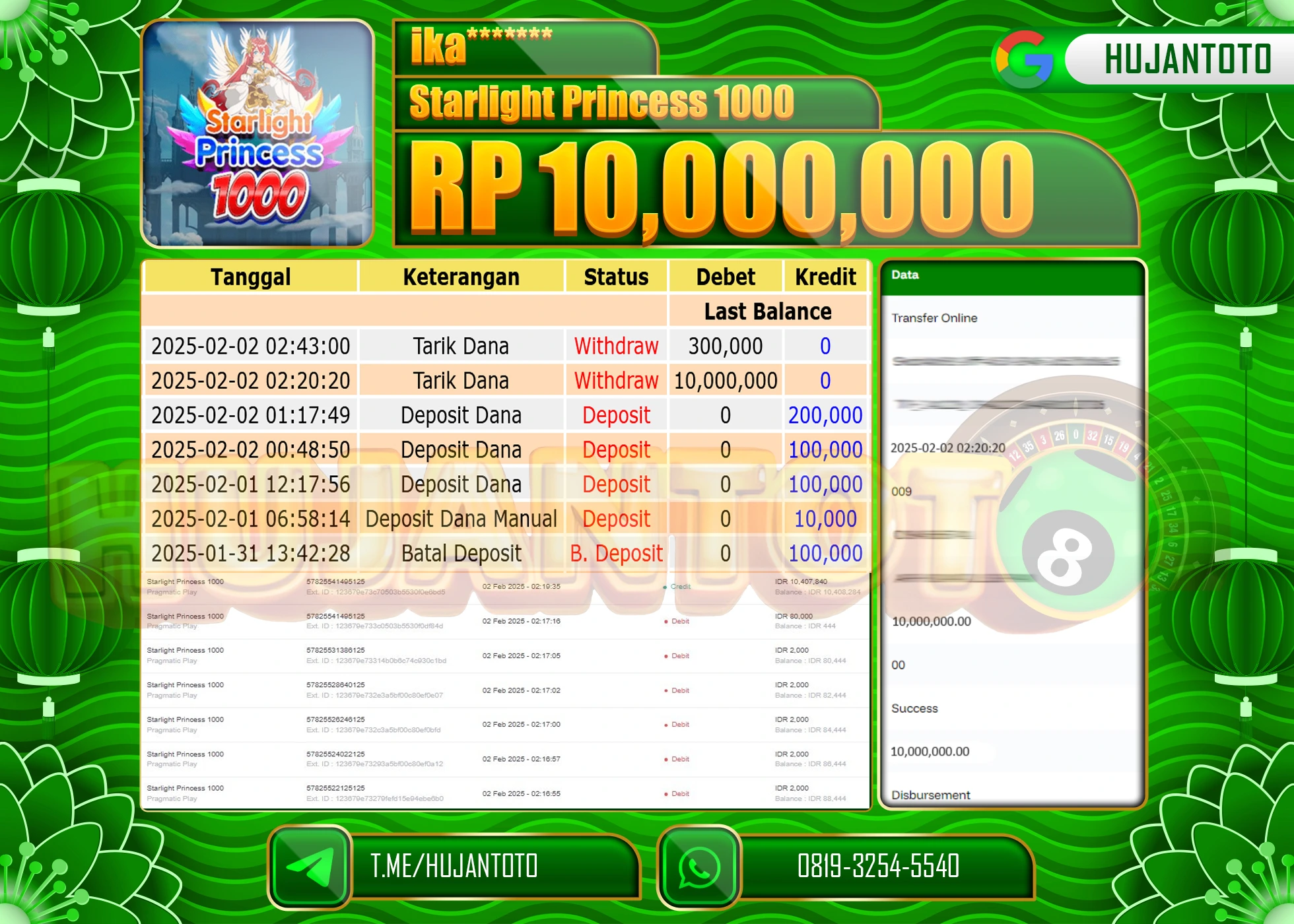 HUJANTOTO - BUKTI JACKPOT MENANG SLOT STARLIGHT PRINCESS 1000 Rp,10,000,000 - TERBAYAR LUNAS
