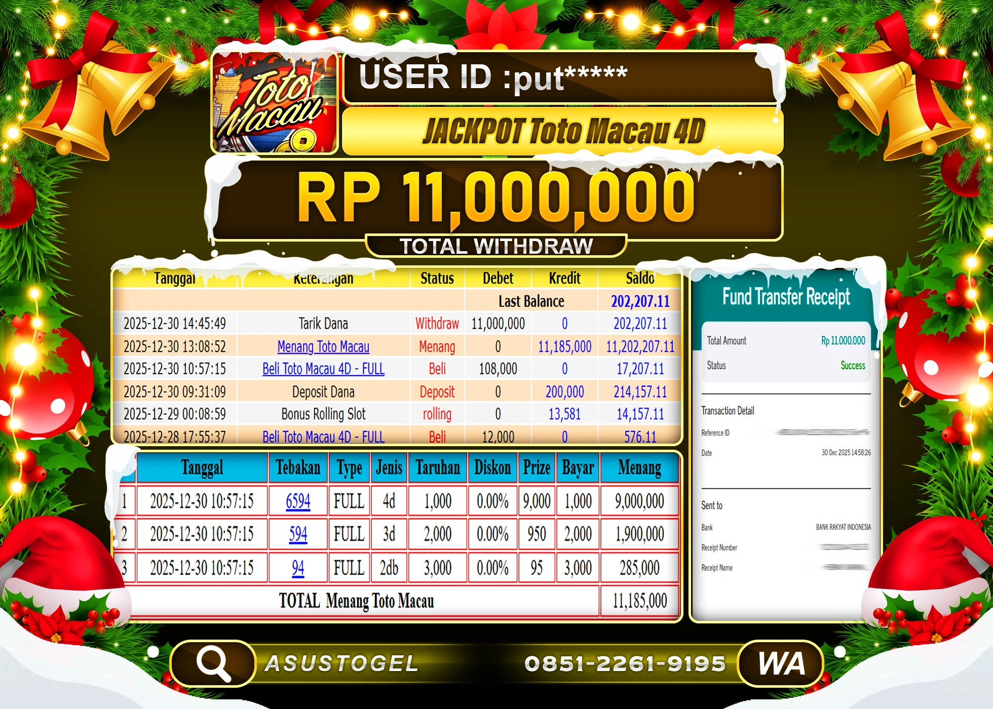 ASUSTOGEL KEMENANGAN DI TOGEL TOTO MACAU 4D  SEBESAR 11,000,000 - RUPIAH LUNAS