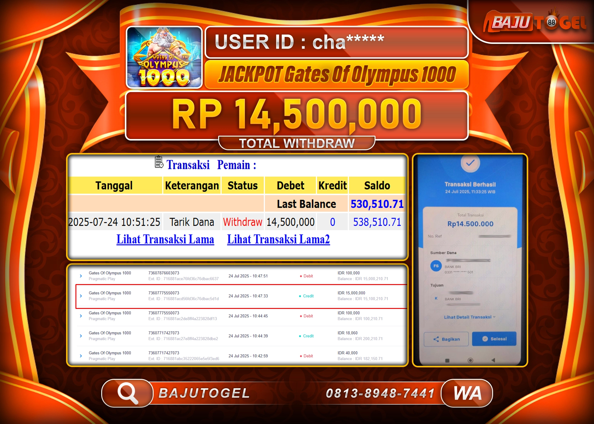 BAJUTOGEL KEMENANGAN DI GATES OF OLYMPUS 1000 Rp.14.500.000 LUNAS