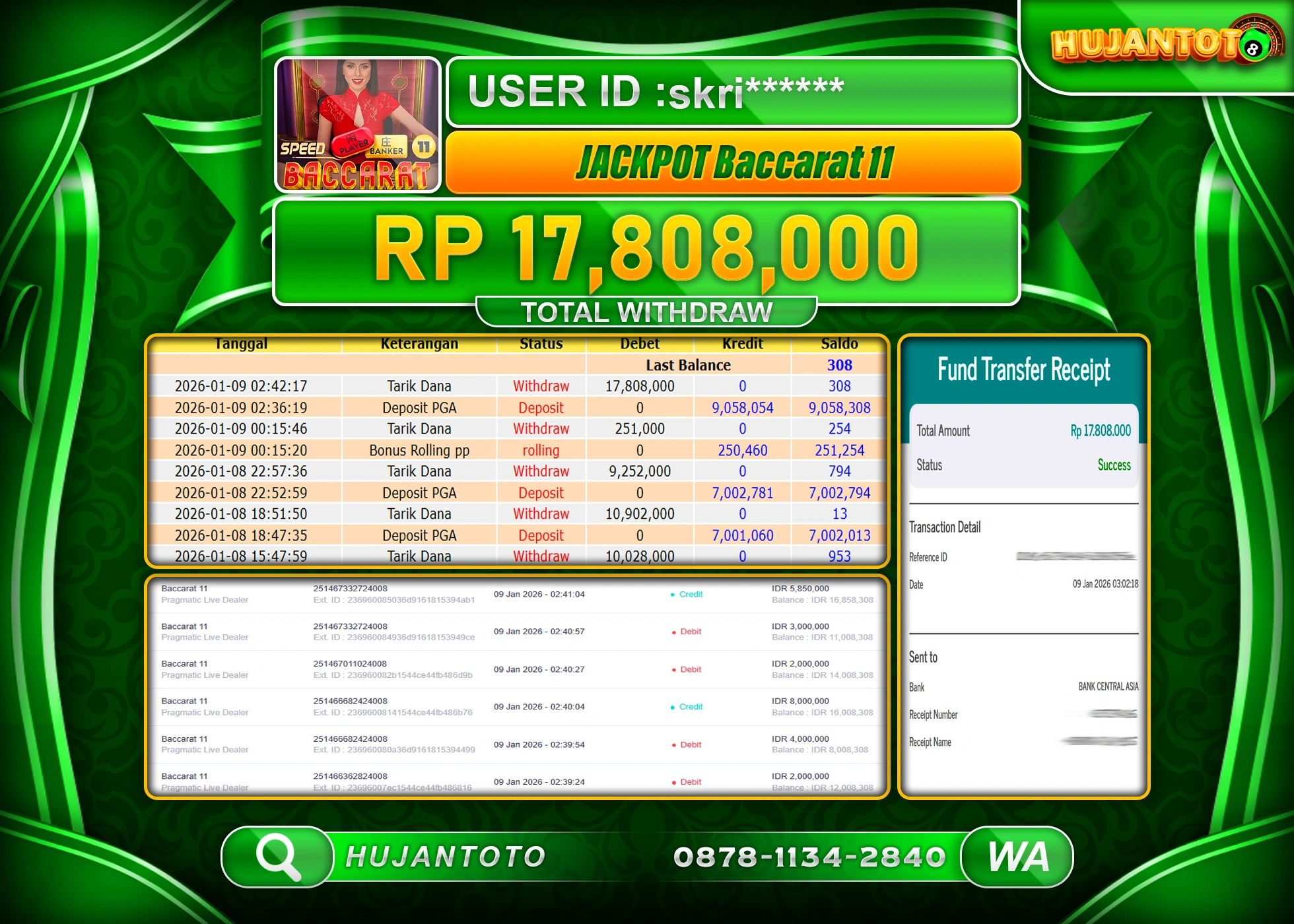 HUJANTOTO - BUKTI JACKPOT MENANG LIVE GAMES  BACCARAT 11 Rp.17,808,000 - TERBAYAR LUNAS