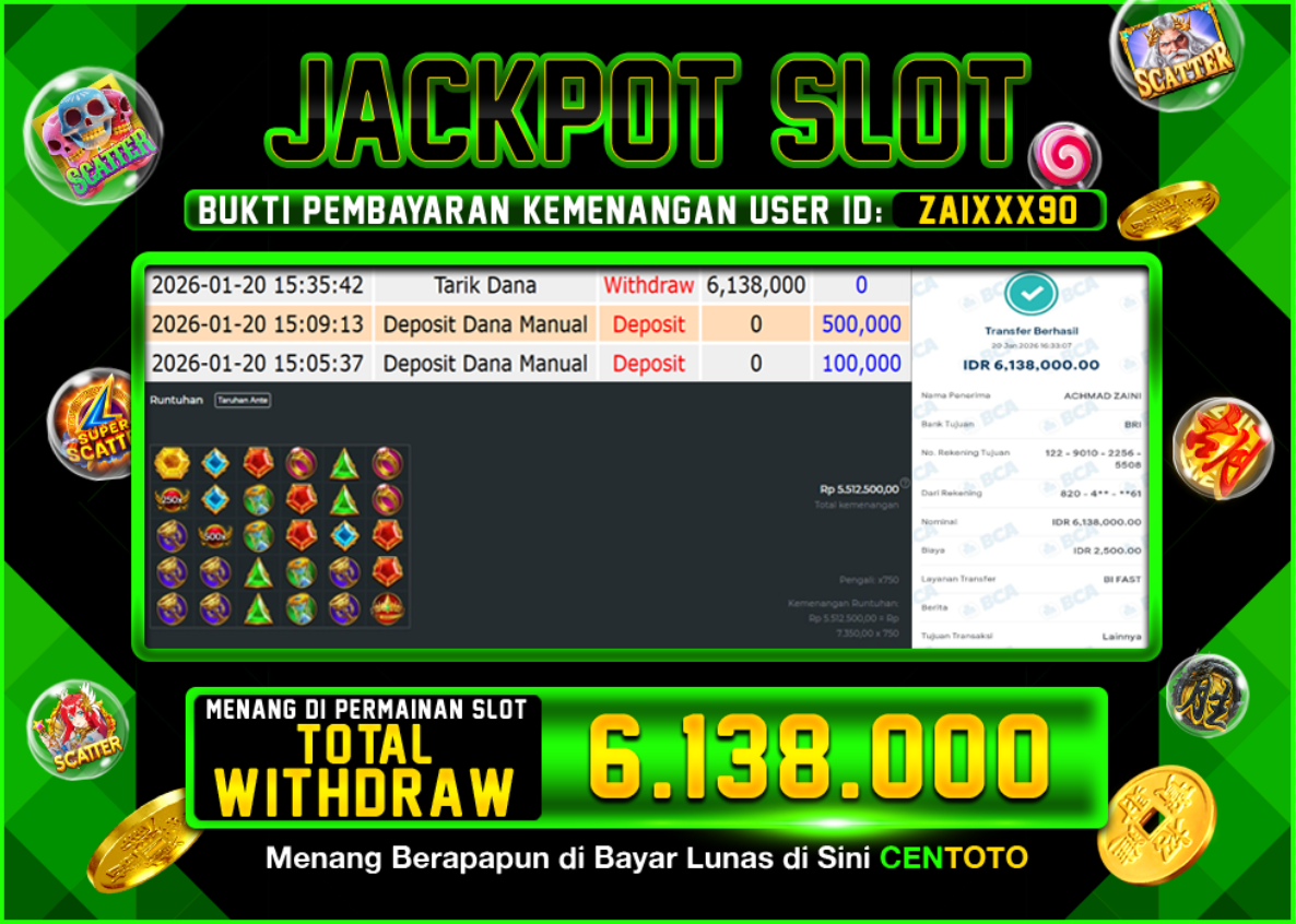BUKTI JACKPOT SLOT CENTOTO  RP.6.138.000,-LUNAS