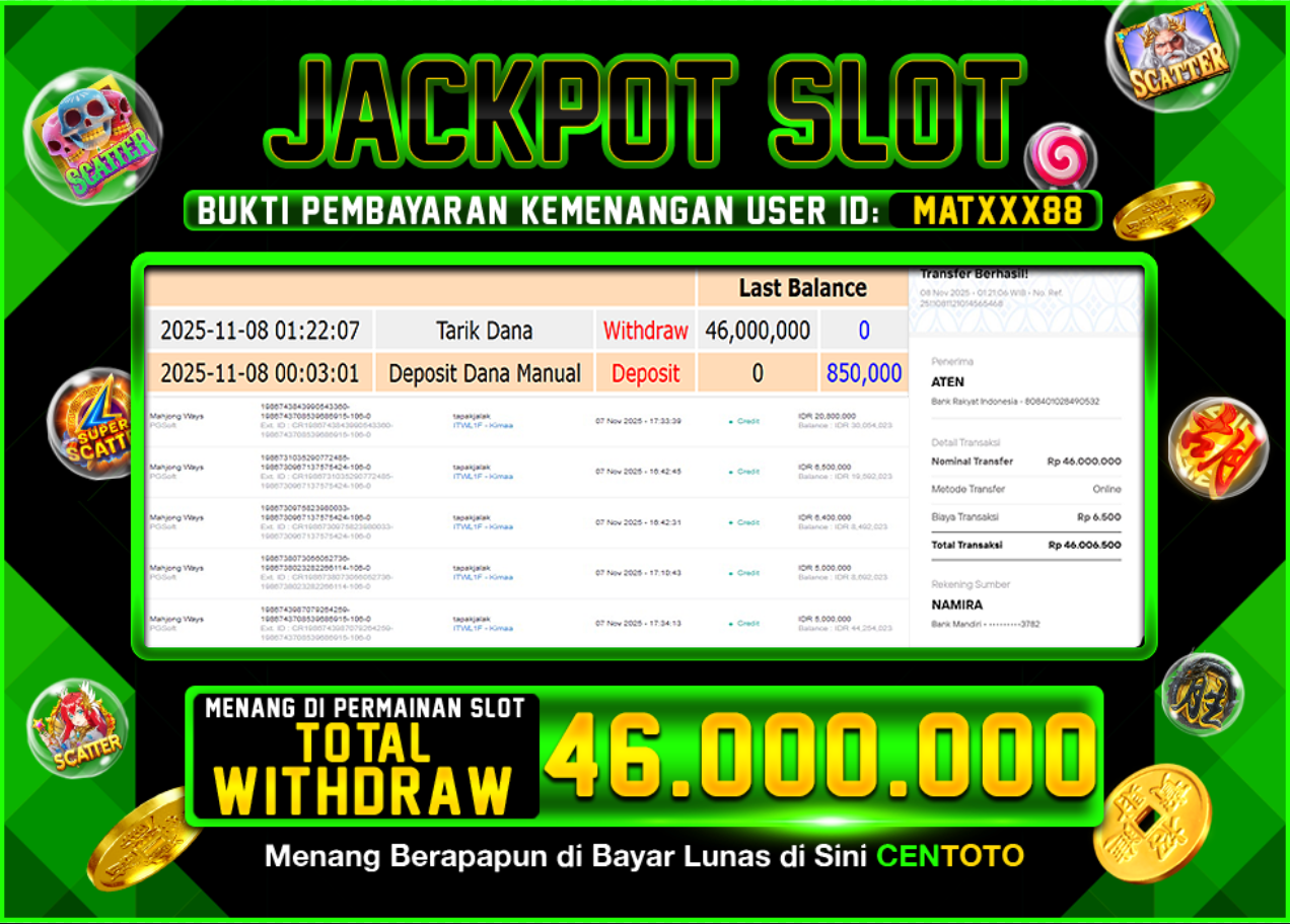 BUKTI JACKPOT SLOT CENTOTO RP.46.000.000,-LUNAS