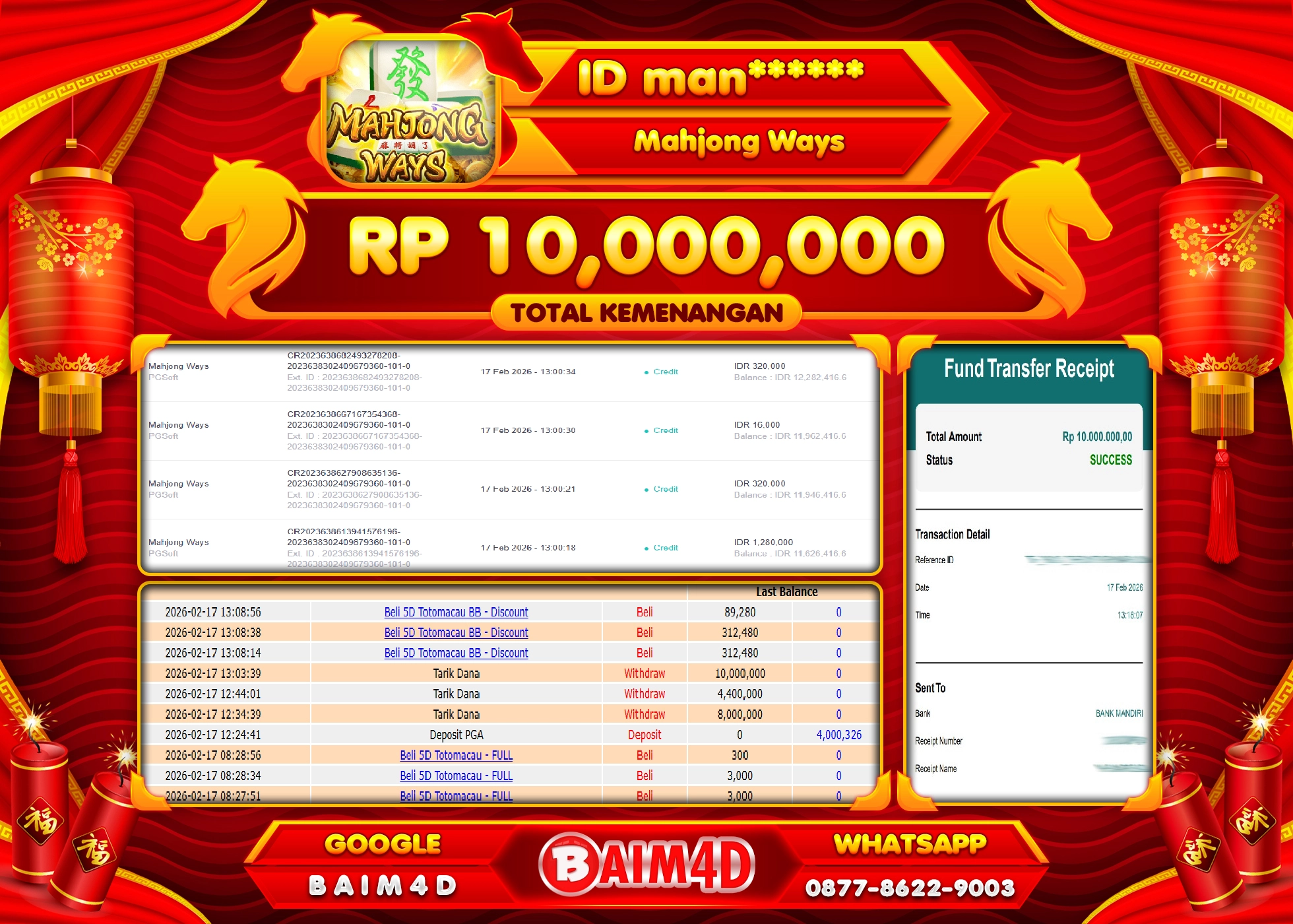 BAIM4D JACKPOT SLOT MAHJONG WAYS Rp.10,000,000 - LUNAS