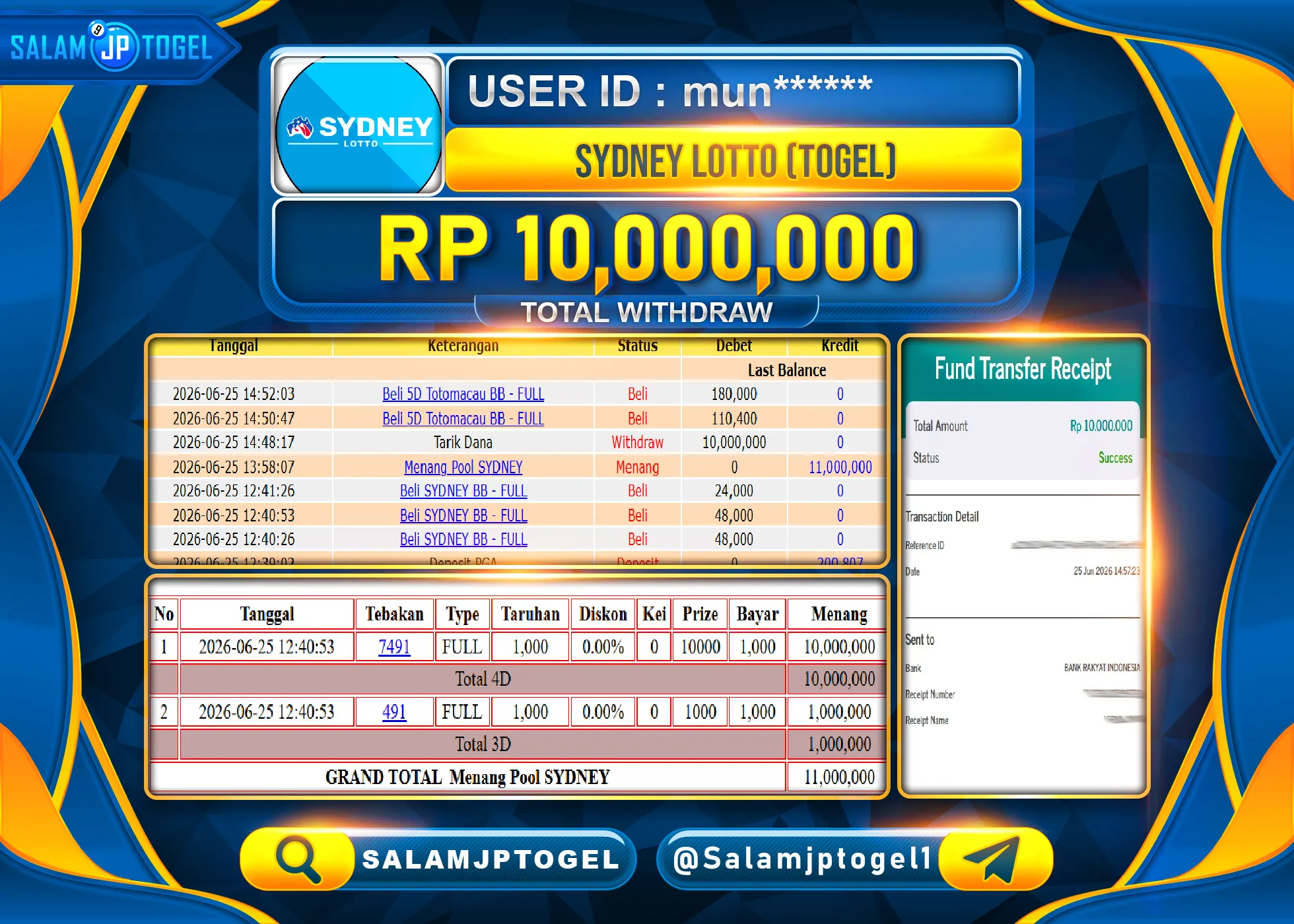 SALAMJPTOGEL MENANG TOGEL JACKPOT GACOR SYDNEY LOTTO Rp.10,000,000- LUNAS