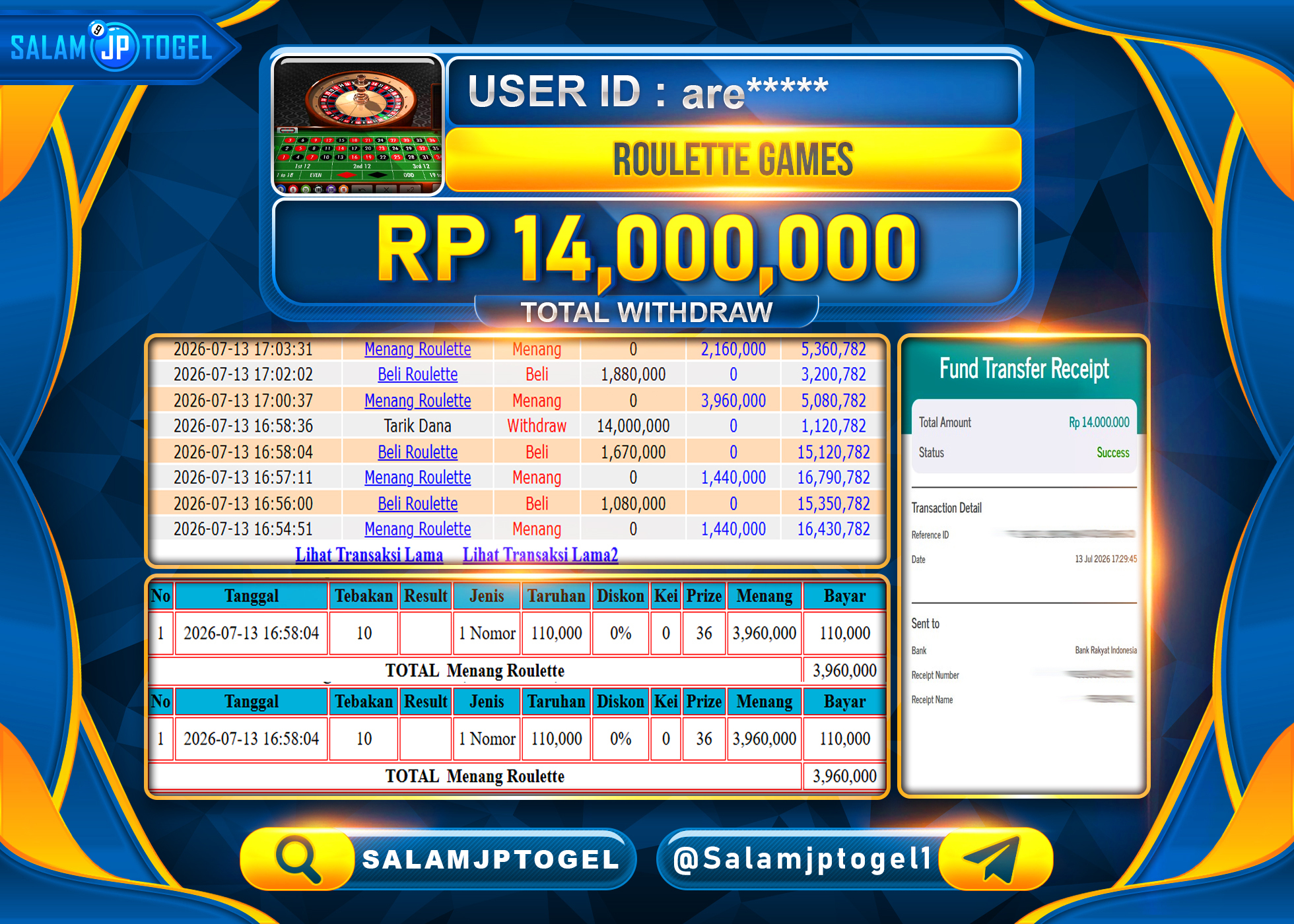 SALAMJPTOGEL JACKPOT MENANG Roulette (LIVEGAME) Rp.14,000,000 - LUNAS