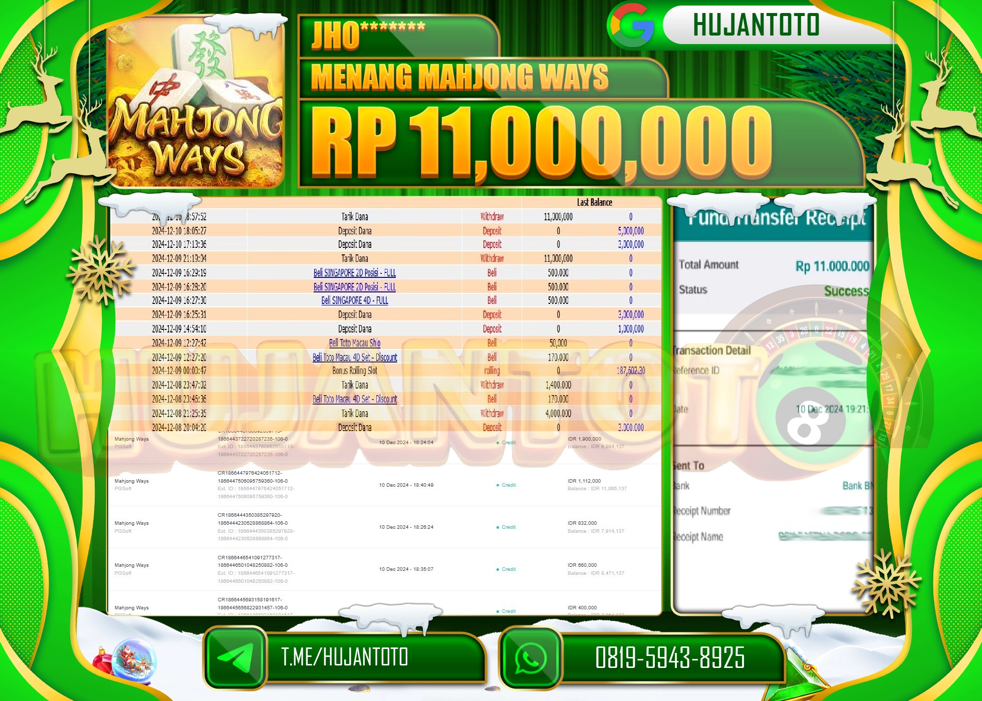 HUJANTOTO KEMENANGAN BESAR YANG DI RAIH DI PERMAINAN SLOT MAHJONG WAYS - 11,000,000 - TERBAYAR LUNAS