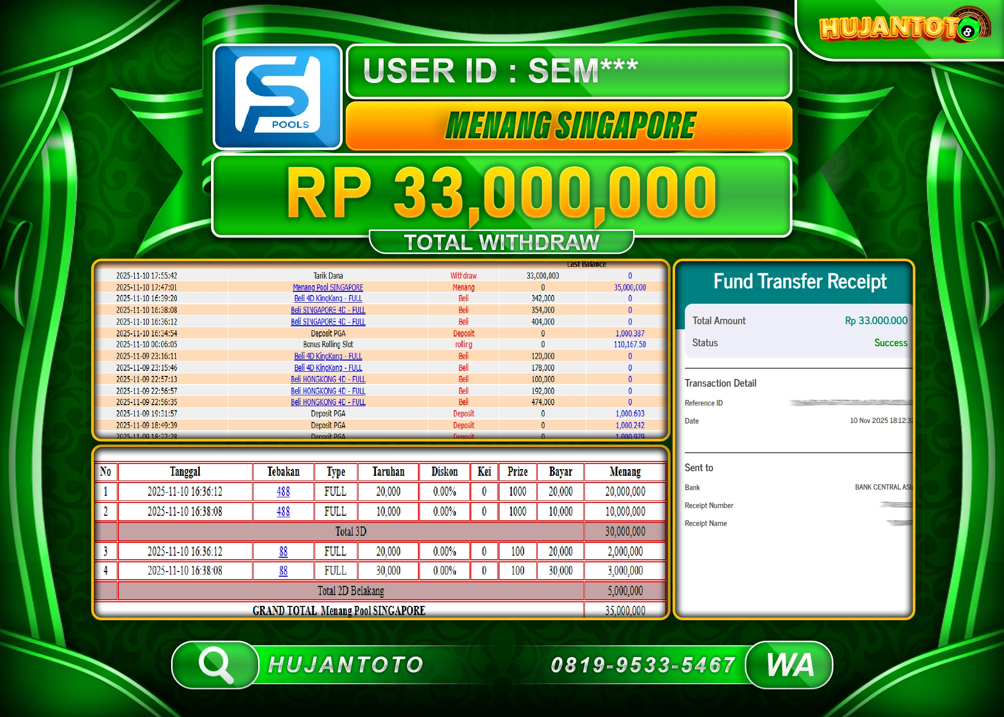 HUJANTOTO - BUKTI JACKPOT MENANG TOGEL SINGAPORE POOL  Rp.33,000,000 - TERBAYAR LUNAS
