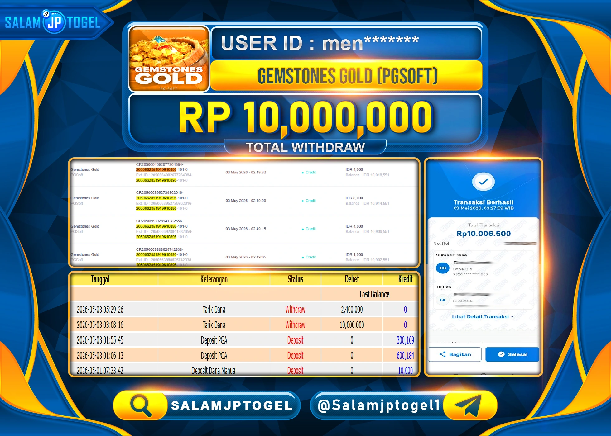 SALAMJPTOGEL MENANG JACKPOT Gemstones Gold (PGSoft) Rp.10,000,000- LUNAS