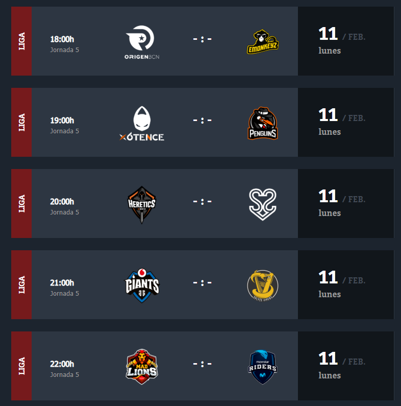 Próxima jornada de Superliga Orange. Fuente: https://www.lvp.es/lol/temporada/partidos Próxima jornada de Superliga Orange. Fuente: https://www.lvp.es/lol/temporada/partidos