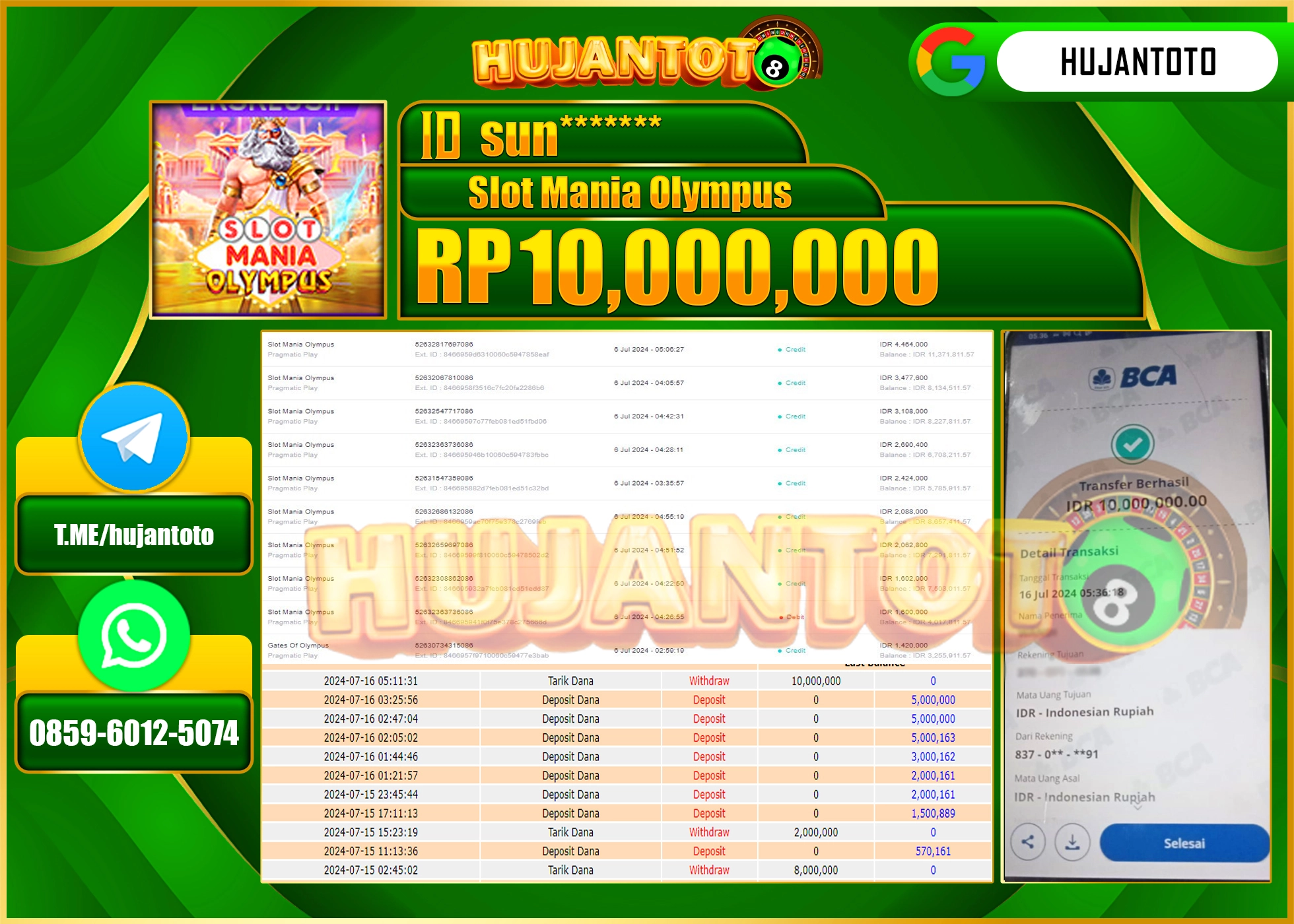 HUJANTOTO MENANG PERMAINAN SLOT MANIA OLYMPUS  10.000.000 - LUNAS 