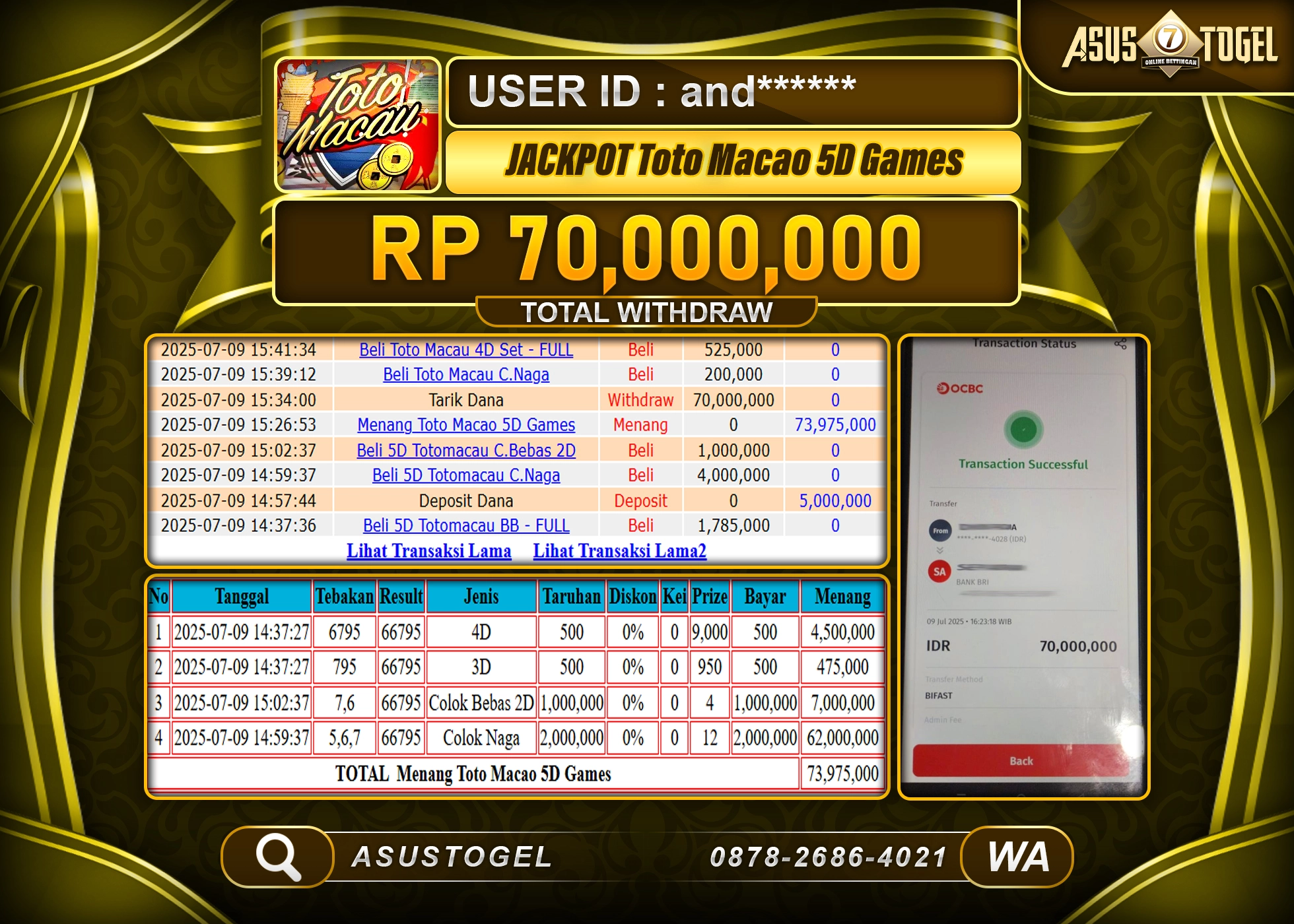 ASUSTOGEL KEMENANGAN DI TOGEL TOTO MACAO 5D SEBESAR 70,000,000- RUPIAH LUNAS