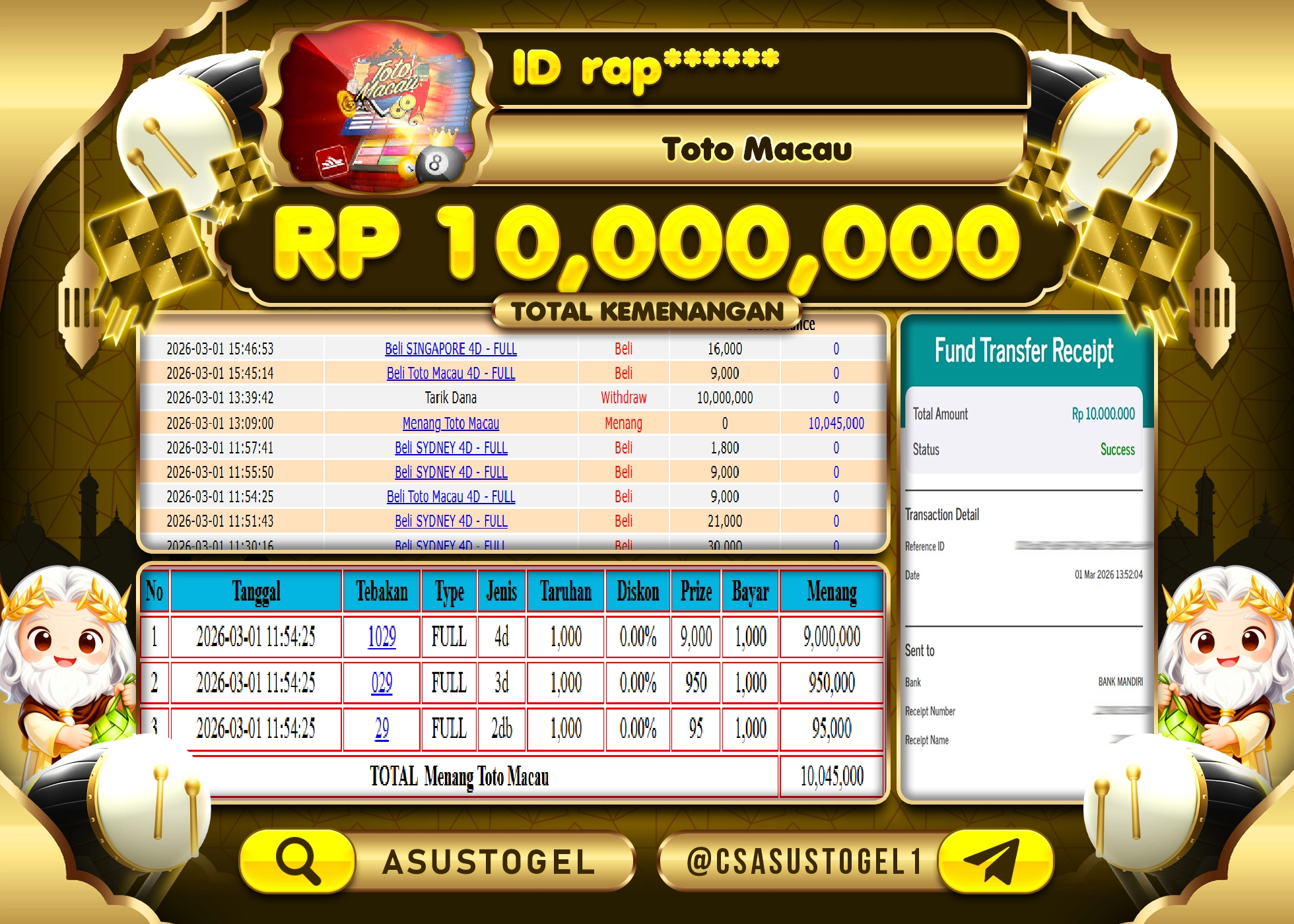 ASUSTOGEL KEMENANGAN DI TOGEL TOTO MACAU 4D SEBESAR 10,000,000 - RUPIAH LUNAS