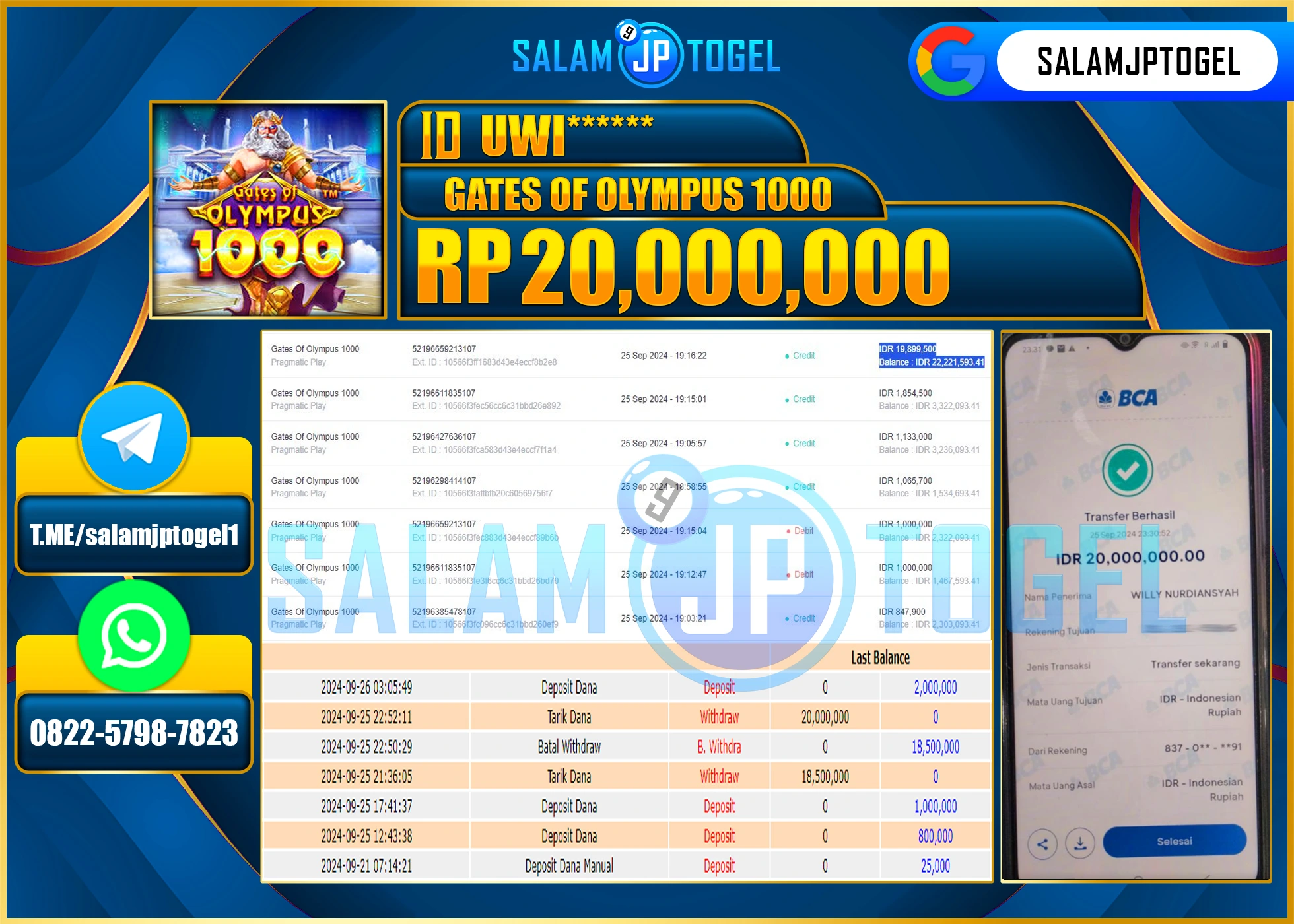 SALAMJPTOGEL MENANG SLOT GATES OF OLYMPUS 1000 RP. 20,000,000 LUNAS