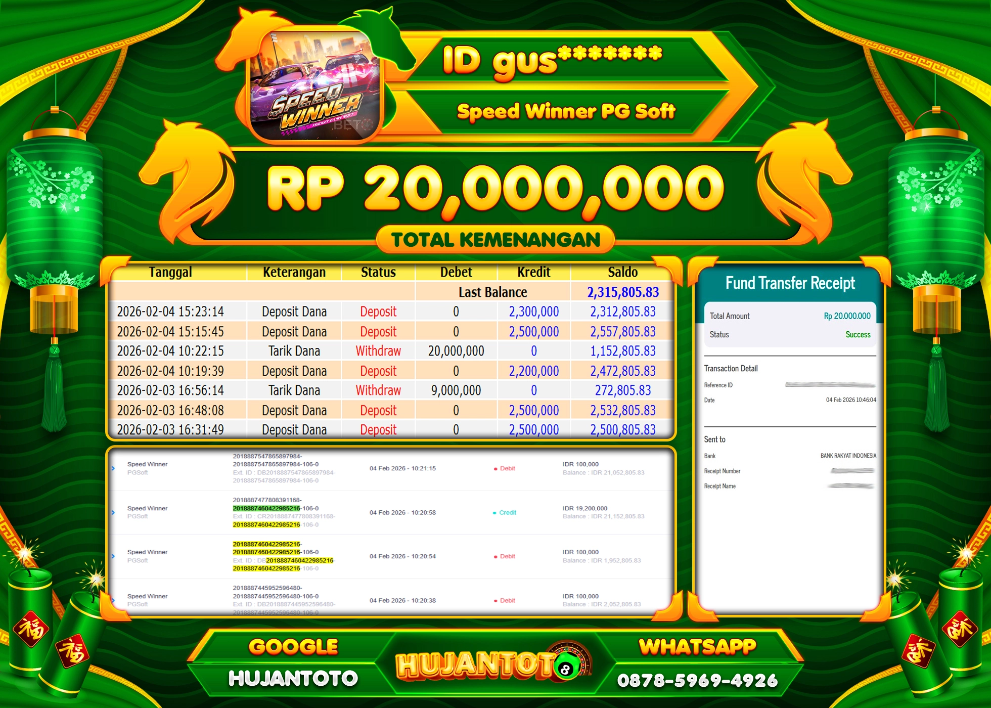 HUJANTOTO - BUKTI JACKPOT MENANG SLOT SPEED WINNER PG SOFT Rp.20,000,000 - TERBAYAR LUNAS