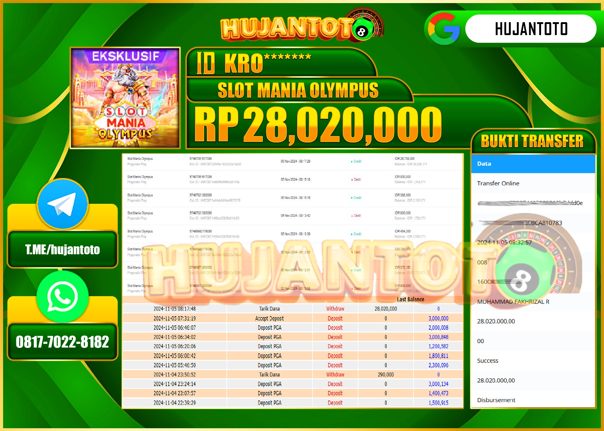 HUJANTOTO MENANG DI PERMAINAN SLOT MANIA OYMPUS  SEBESAR   - 28,020,000 - LUNAS