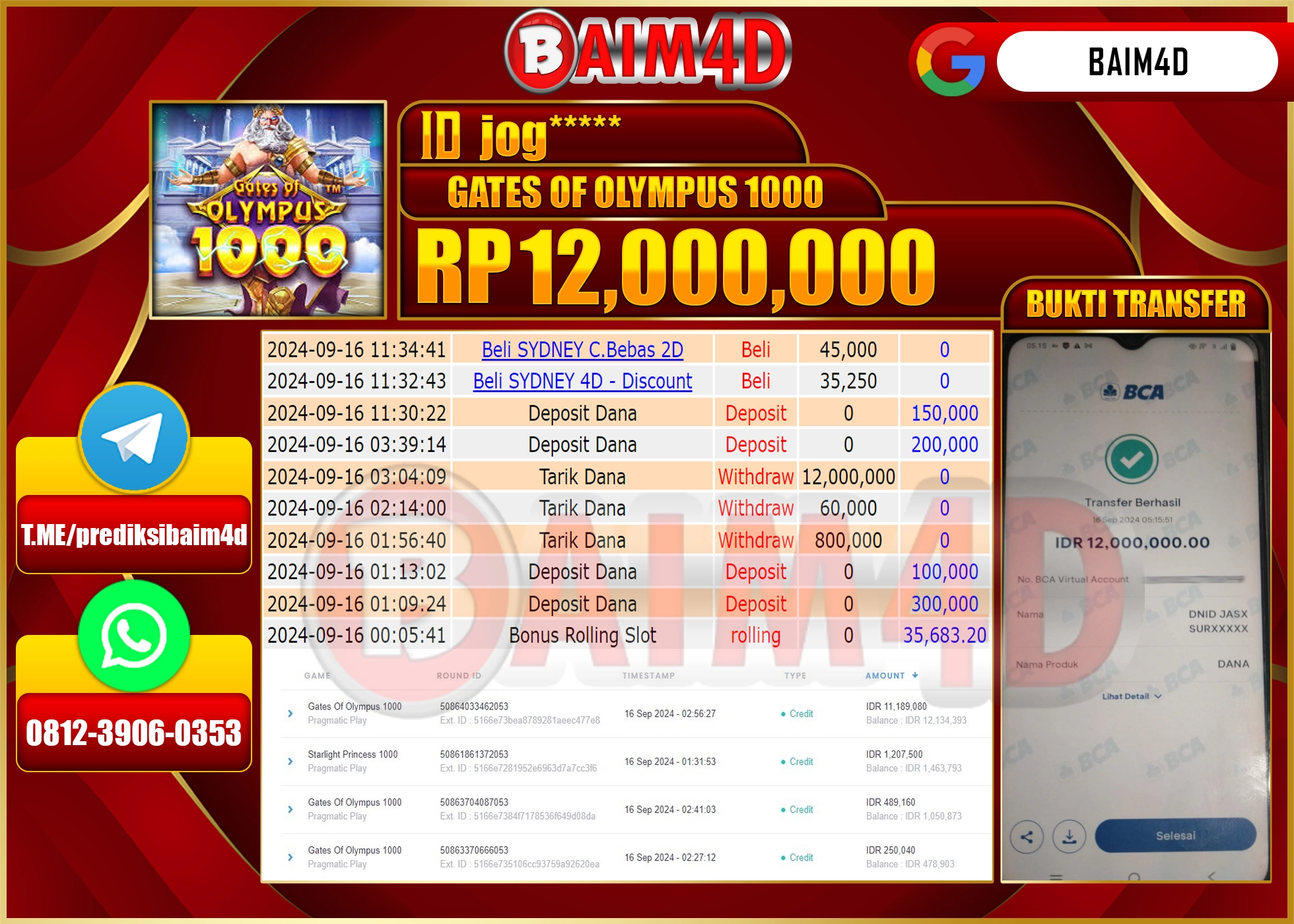 BAIM4D JACKPOT GATES OF OLYMPUS 1000 Rp.12.000,000.- LUNAS