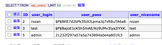 wp_usersのデータ確認