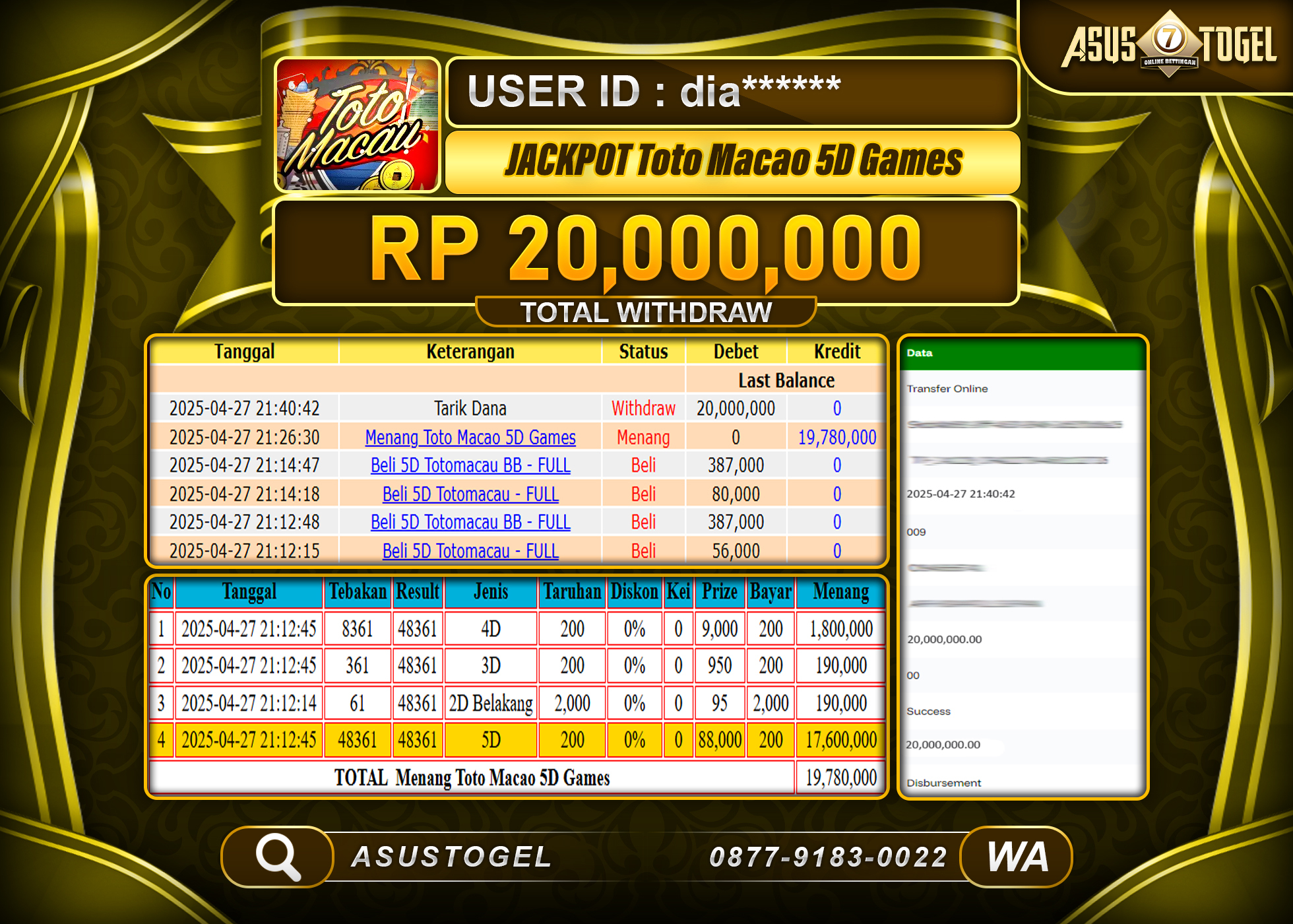 ASUSTOGEL KEMENANGAN DI TOGEL TOTO MACAU 5D SEBESAR 20,000,000- RUPIAH LUNAS