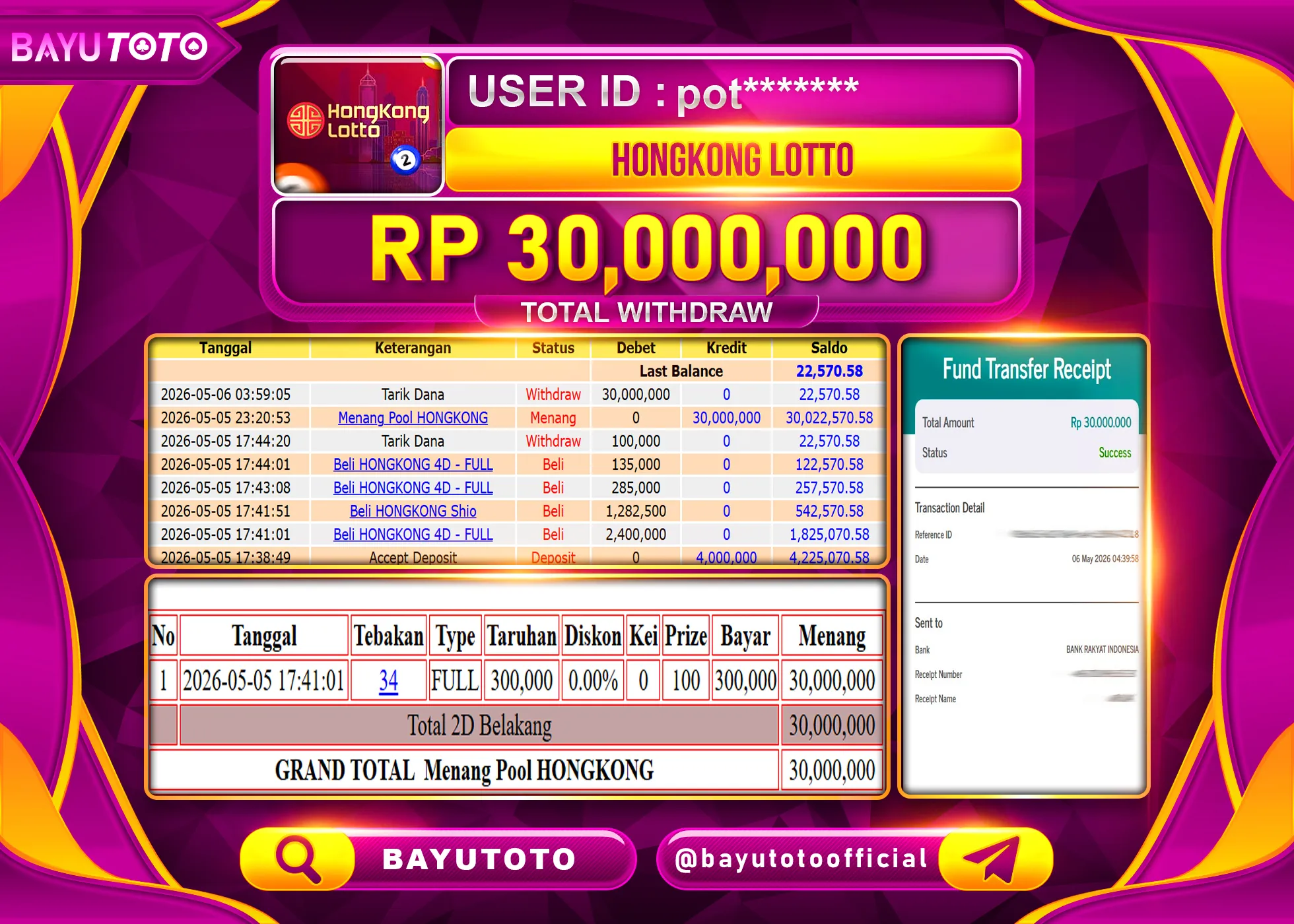 SELAMAT MEMBER SETIA BAYUTOTO JACKPOT DI TOGEL HONGKONG LOTTO Rp. 30,000,000 LUNAS