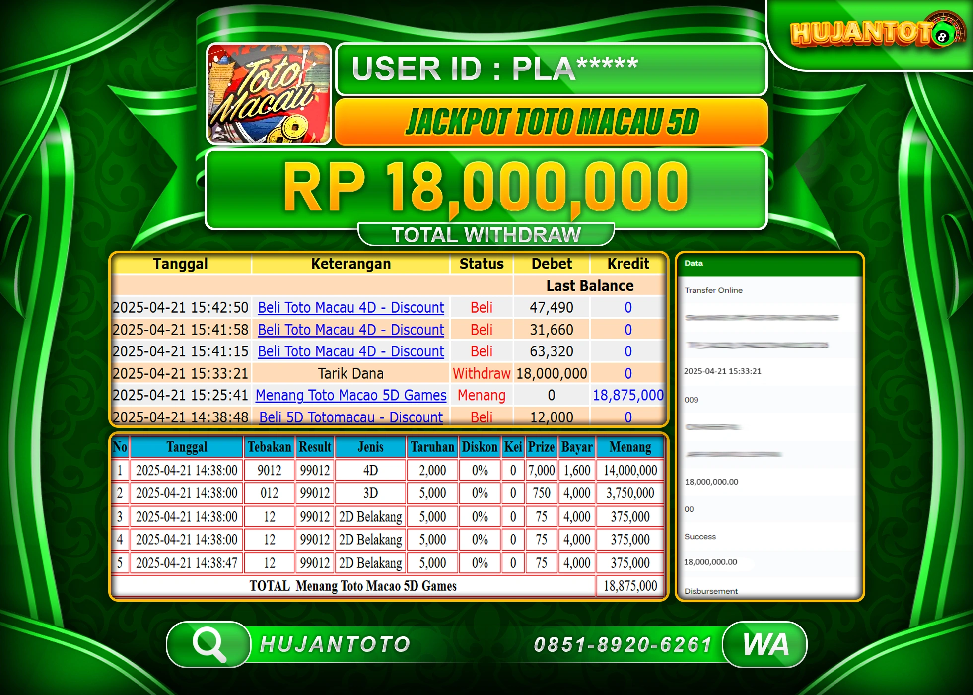 HUJANTOTO - BUKTI JACKPOT MENANG TOGEL TOTO MACAU 5D Rp,18,000,000 - TERBAYAR LUNAS