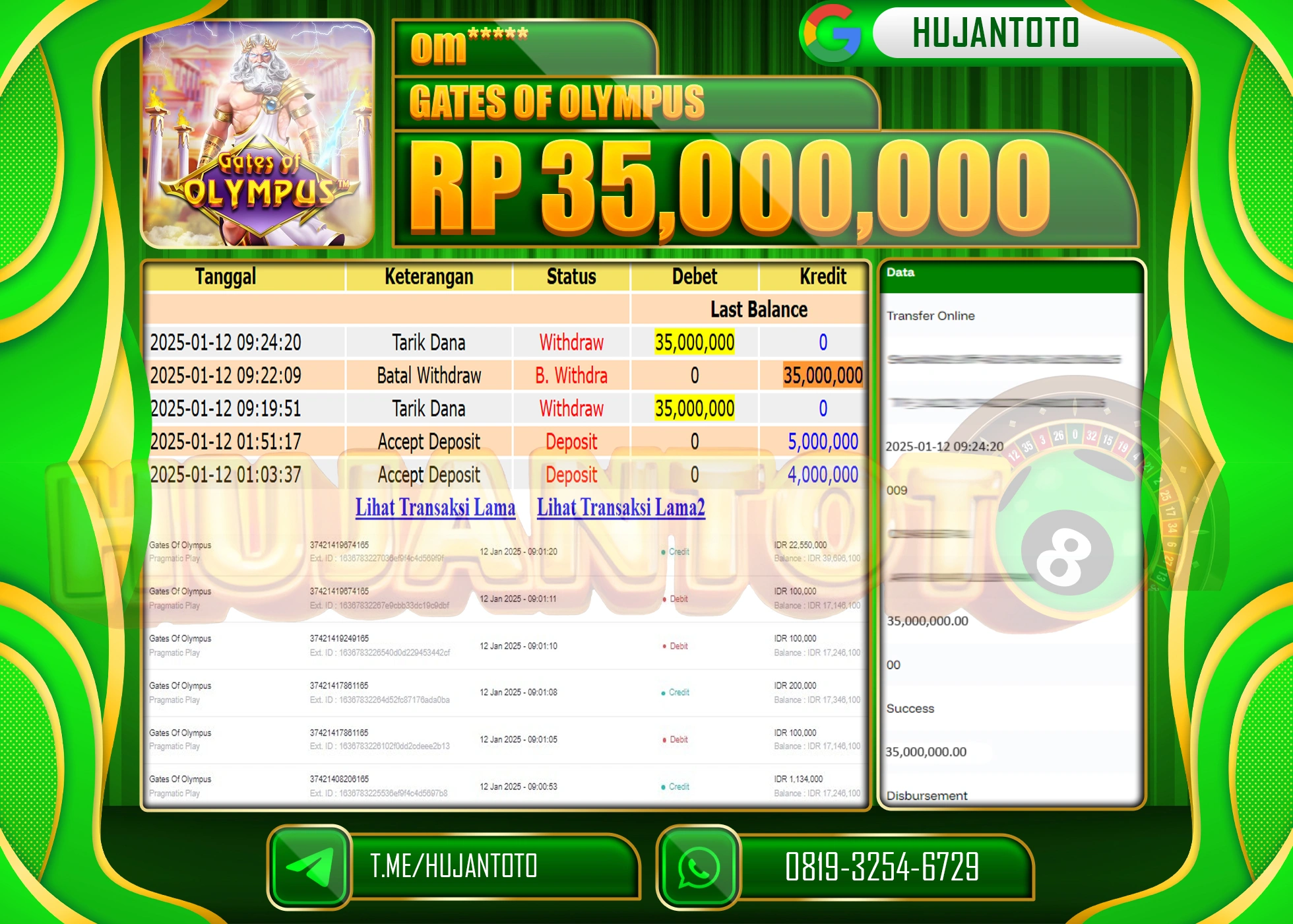 HUJANTOTO - BUKTI JACKPOT DI PERMAINAN SLOT GATES OF OLYMPUS Rp. 35,000,000 - TERBAYAR LUNAS