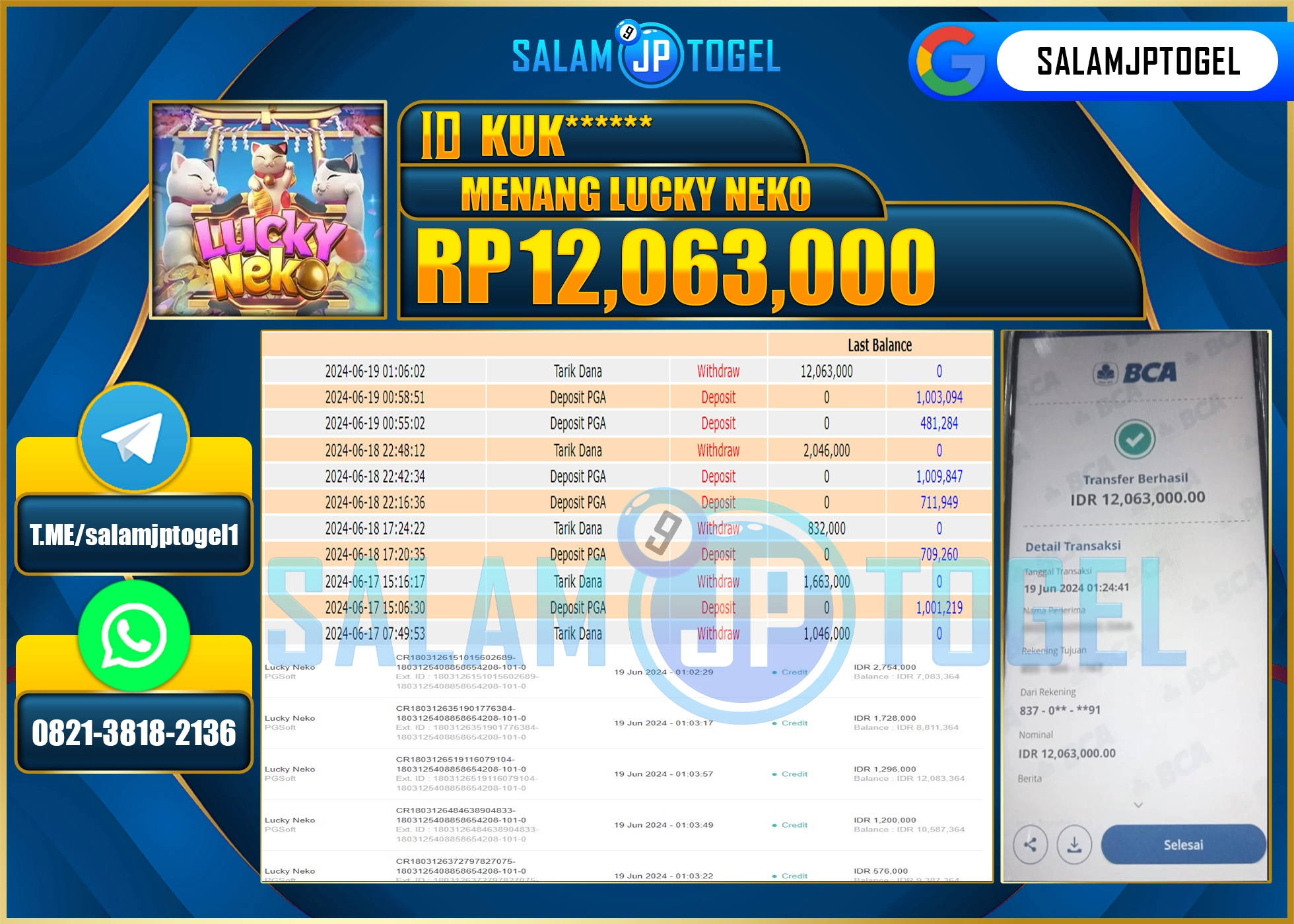 SALAMJPTOGEL MENANG LUCKY NEKO RP. 12,063,000.,LUNAS
