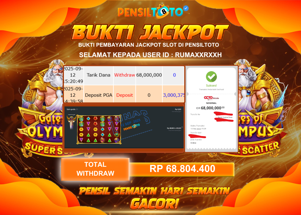 PENSILTOTO JACKPOT SLOT GATES OF OLYMPUS SUPER SCATTER RP.68.804.400,- LUNAS