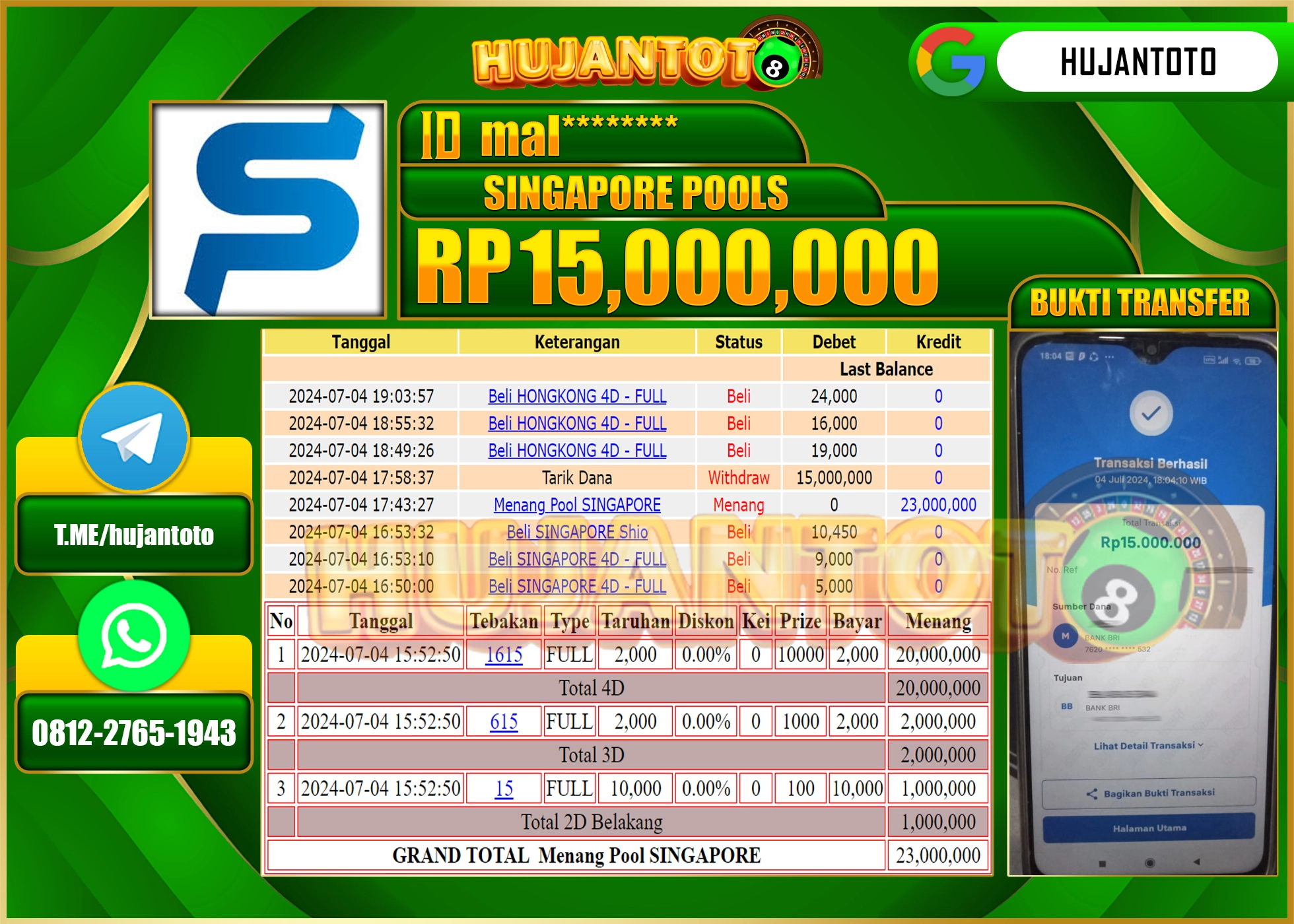 HUJANTOTO MENANG TOGEL SINGAPORE POOLS , 15.000.000 - LUNAS