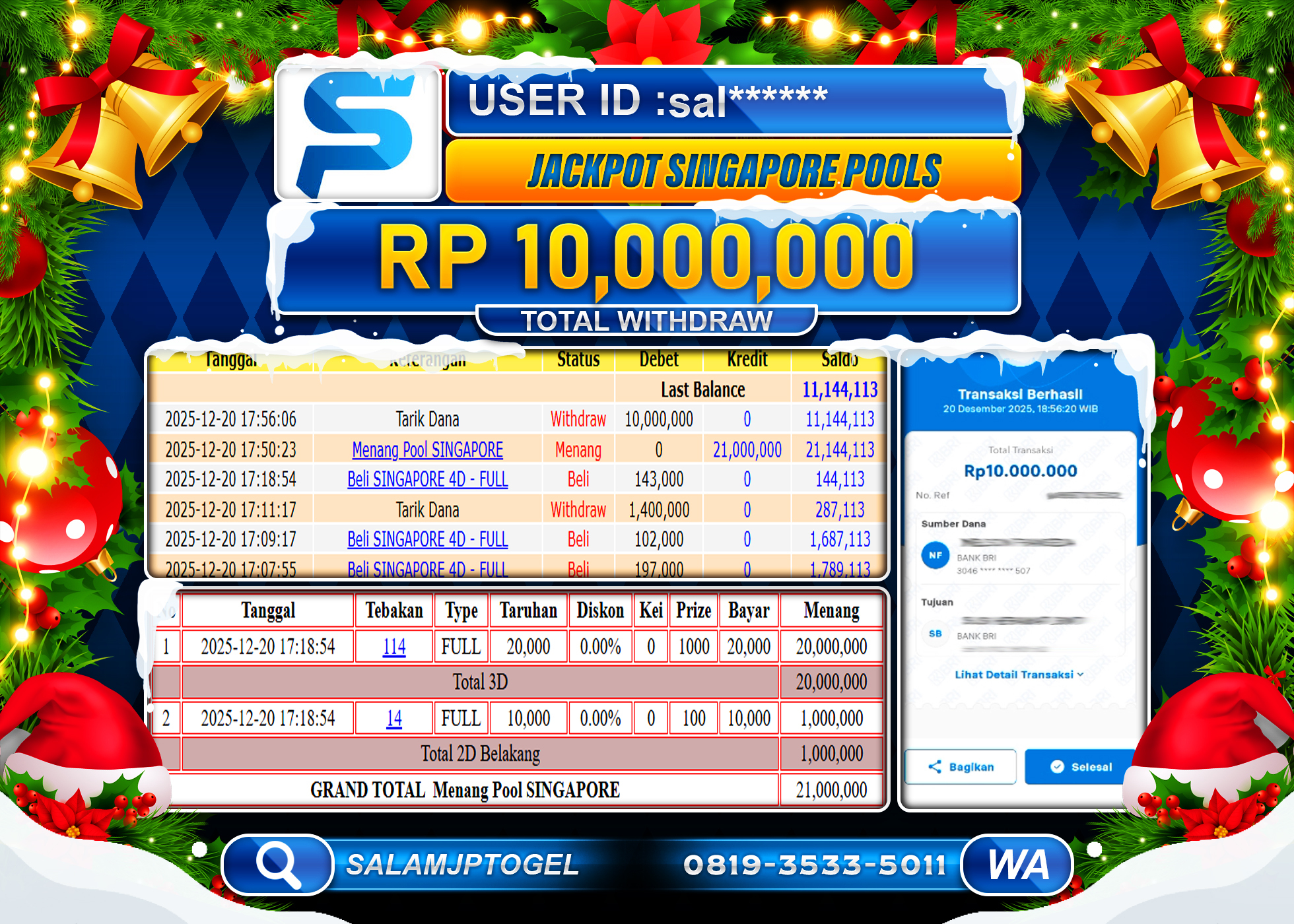 SALAMJPTOGEL JACKPOT MENANG TOGEL SINGAPORE POOLS Rp.10.000.000 - LUNAS