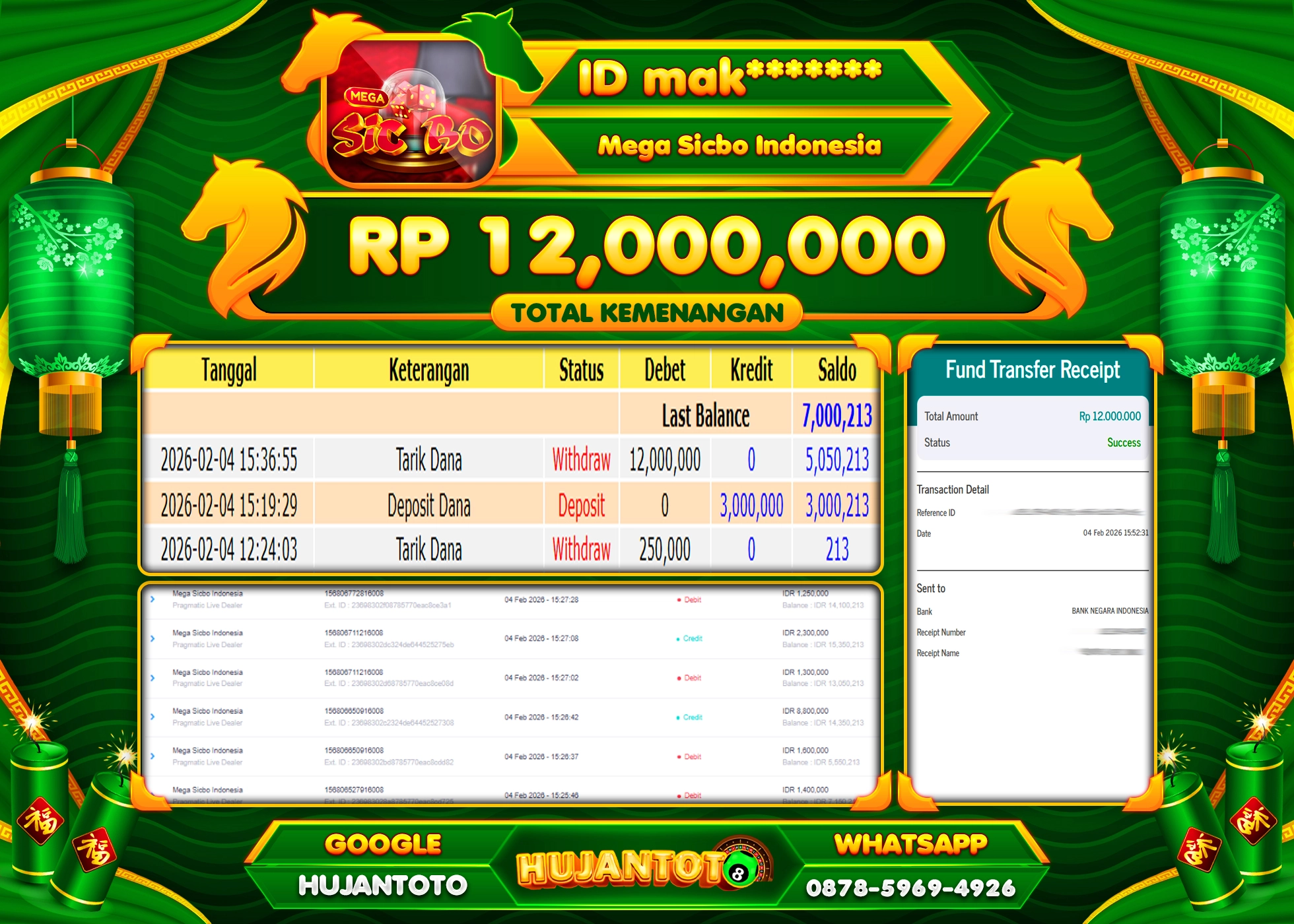 HUJANTOTO - BUKTI JACKPOT MENANG LIVEGAME MEGA SICBO INDONESIA Rp.12,000,000 - TERBAYAR LUNAS