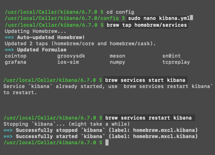 Screenshot of a macOS terminal using the `brew tap`, and `brew restart` commands to start Kibana automatically