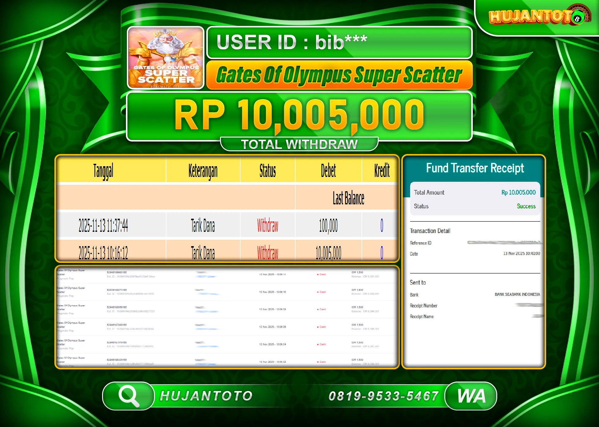 HUJANTOTO - BUKTI JACKPOT MENANG SLOT GATES OF OLYMPUS SUPER SCATTER Rp.10,005,000 - TERBAYAR LUNAS