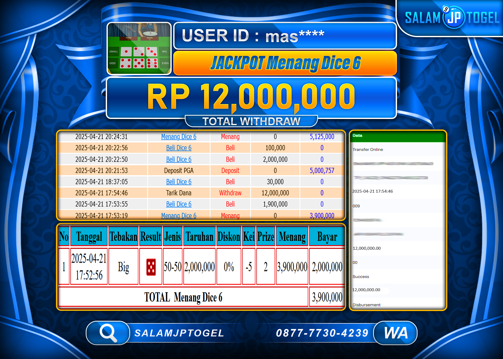 SALAMJPTOGEL MENANG MENANG DICE 6 Rp.12,000,000 LUNAS