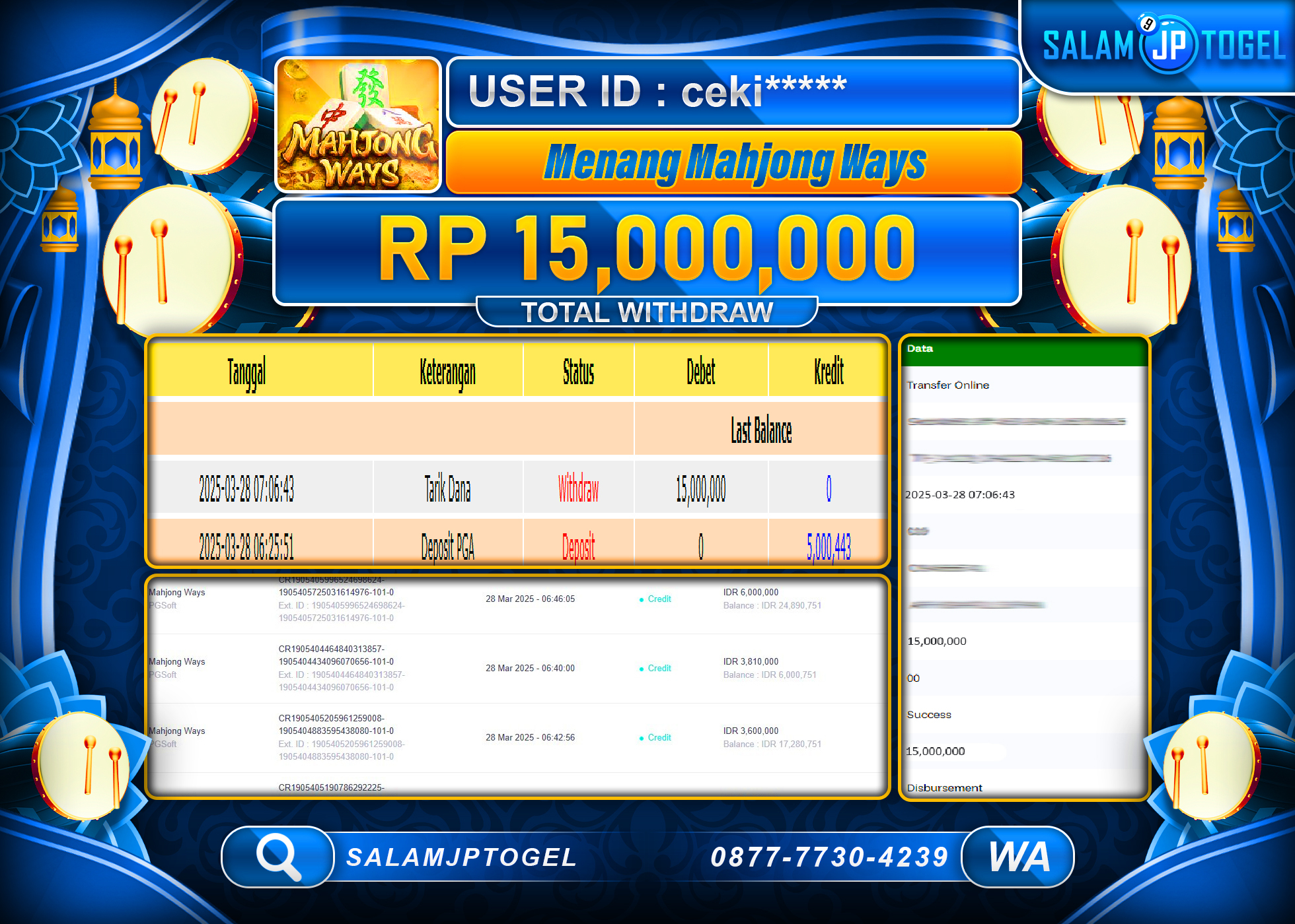 SALAMJPTOGEL MENANG MAHJONG WAYS  Rp. 15,000,000 LUNAS