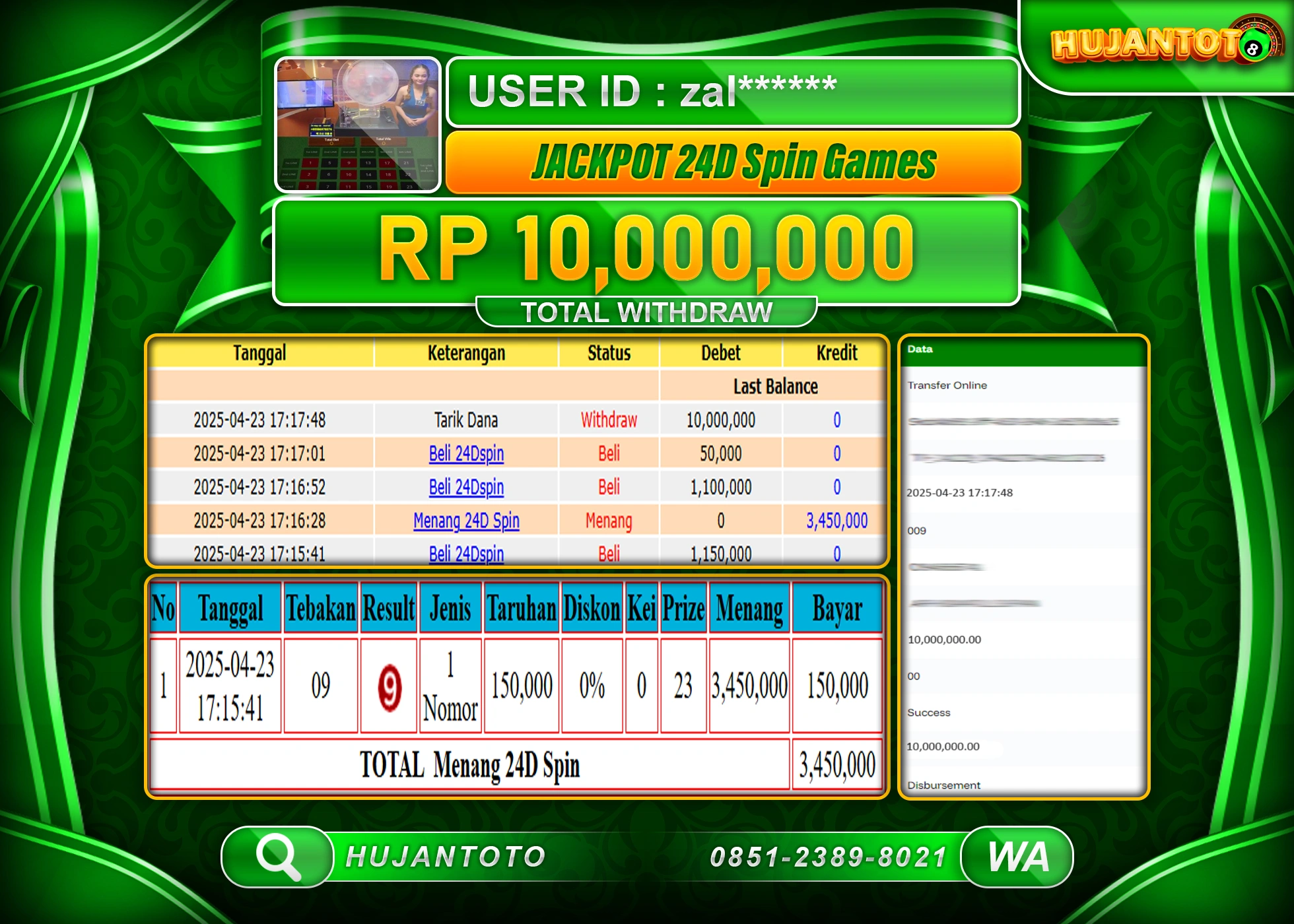 HUJANTOTO - BUKTI JACKPOT MENANG LIVEGAME 24D SPIN GAMES Rp,10,000,000 - TERBAYAR LUNAS