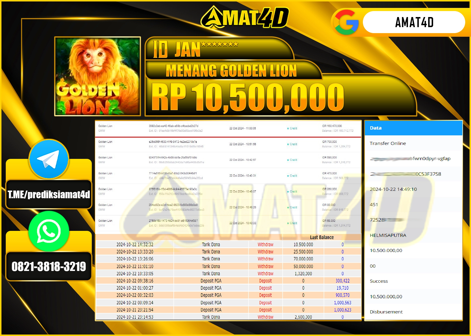 AMAT4D KEMENANGAN JACKPOT GOLDEN LION Rp.10.500.000 BERHASIL TERBAYAR LUNAS !