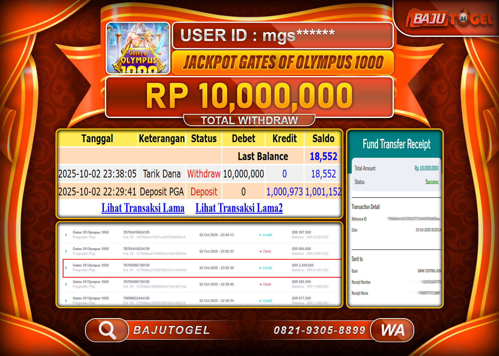 BAJUTOGEL KEMENANGAN GATES OF OLYMPUS 1000 Rp.10.000.000 LUNAS