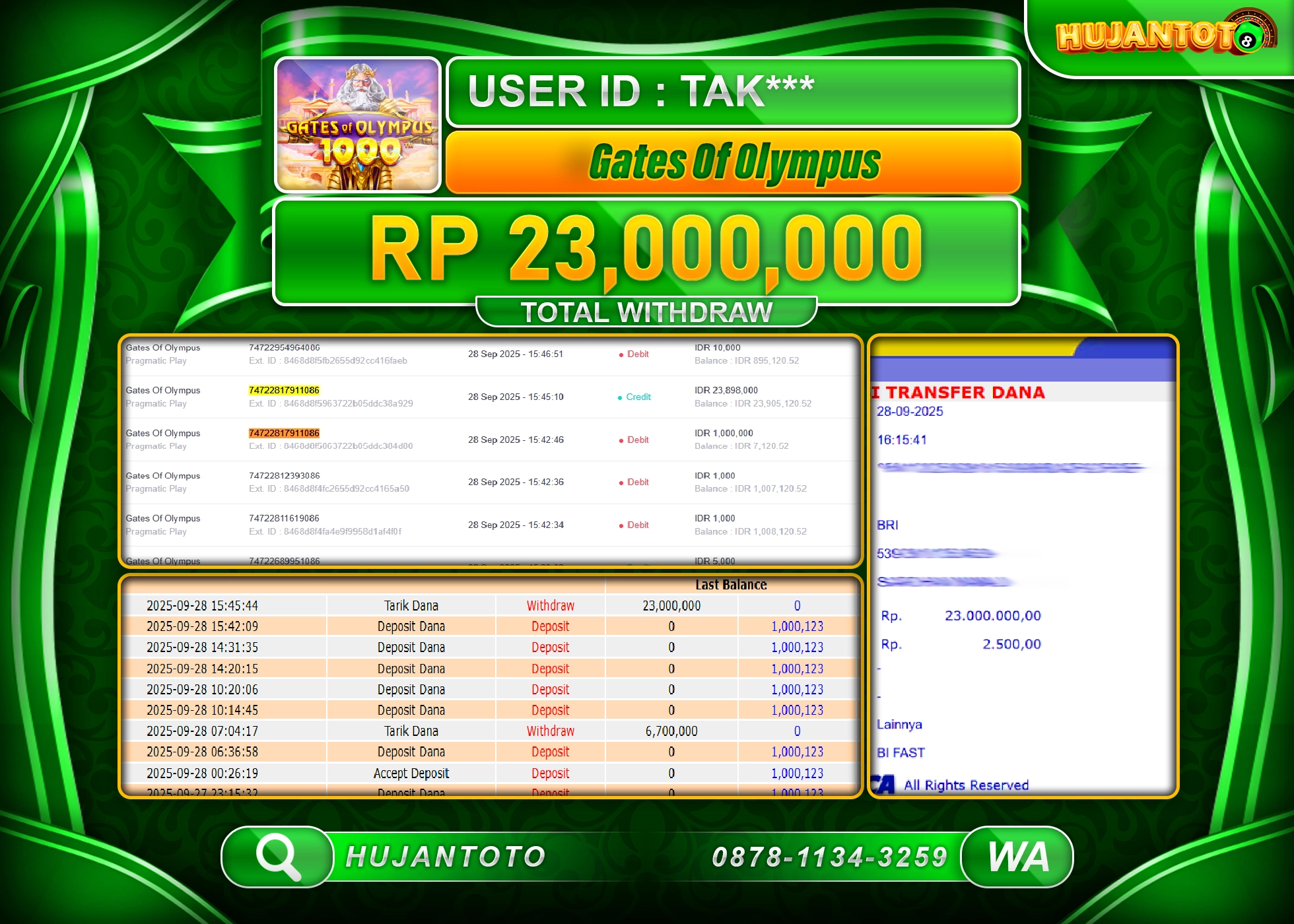 HUJANTOTO - BUKTI JACKPOT MENANG SLOT GATES OF OLYMPUS Rp.23,000,000 - TERBAYAR LUNAS