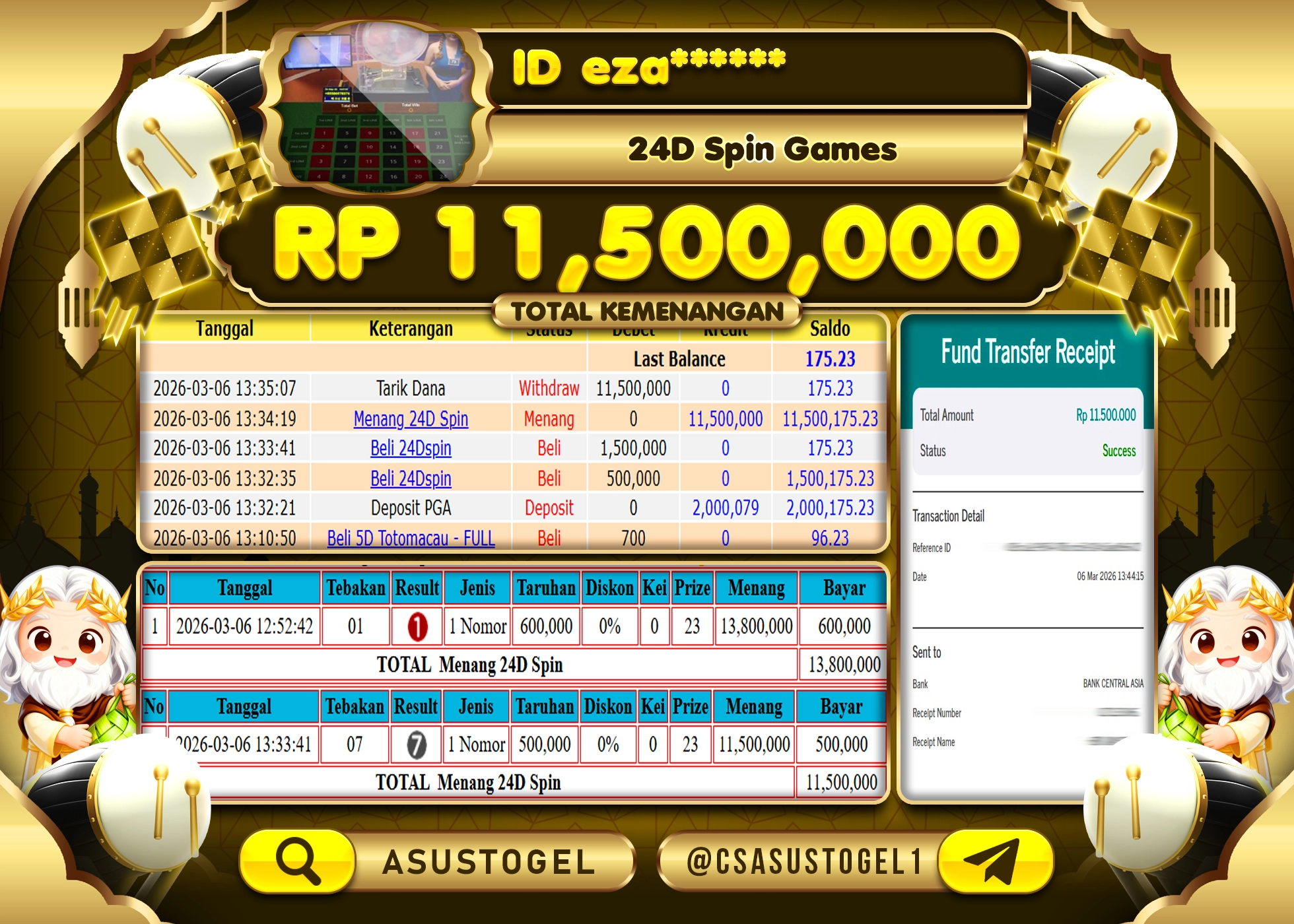 ASUSTOGEL KEMENANGAN DI LIVE GAMES 24D SPIN SEBESAR 11,500,000 - RUPIAH LUNAS