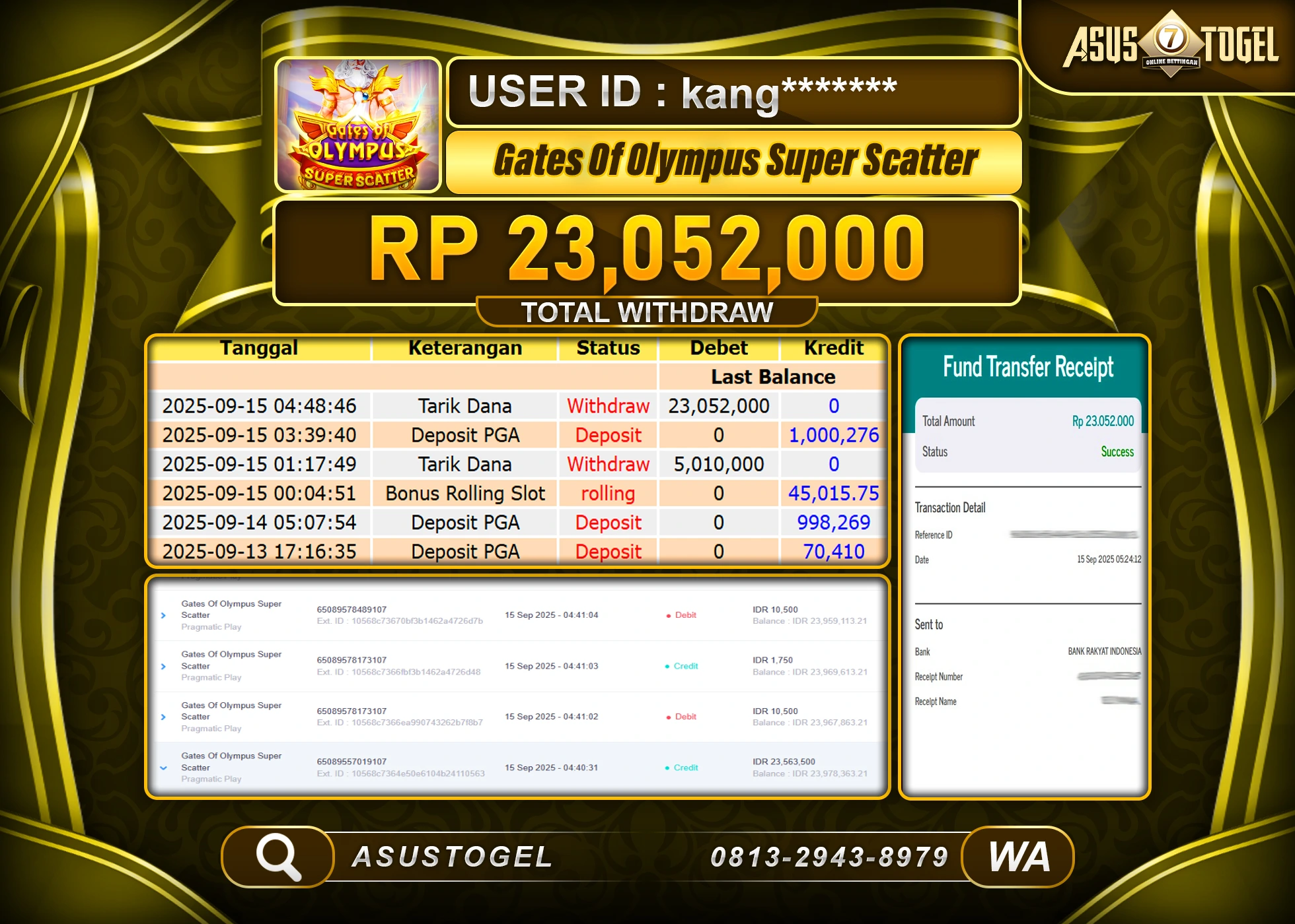 ASUSTOGEL KEMENANGAN DI SLOT GATES OF OLYMPUS SUPER SCATTER SEBESAR 23,052,000- RUPIAH LUNAS
